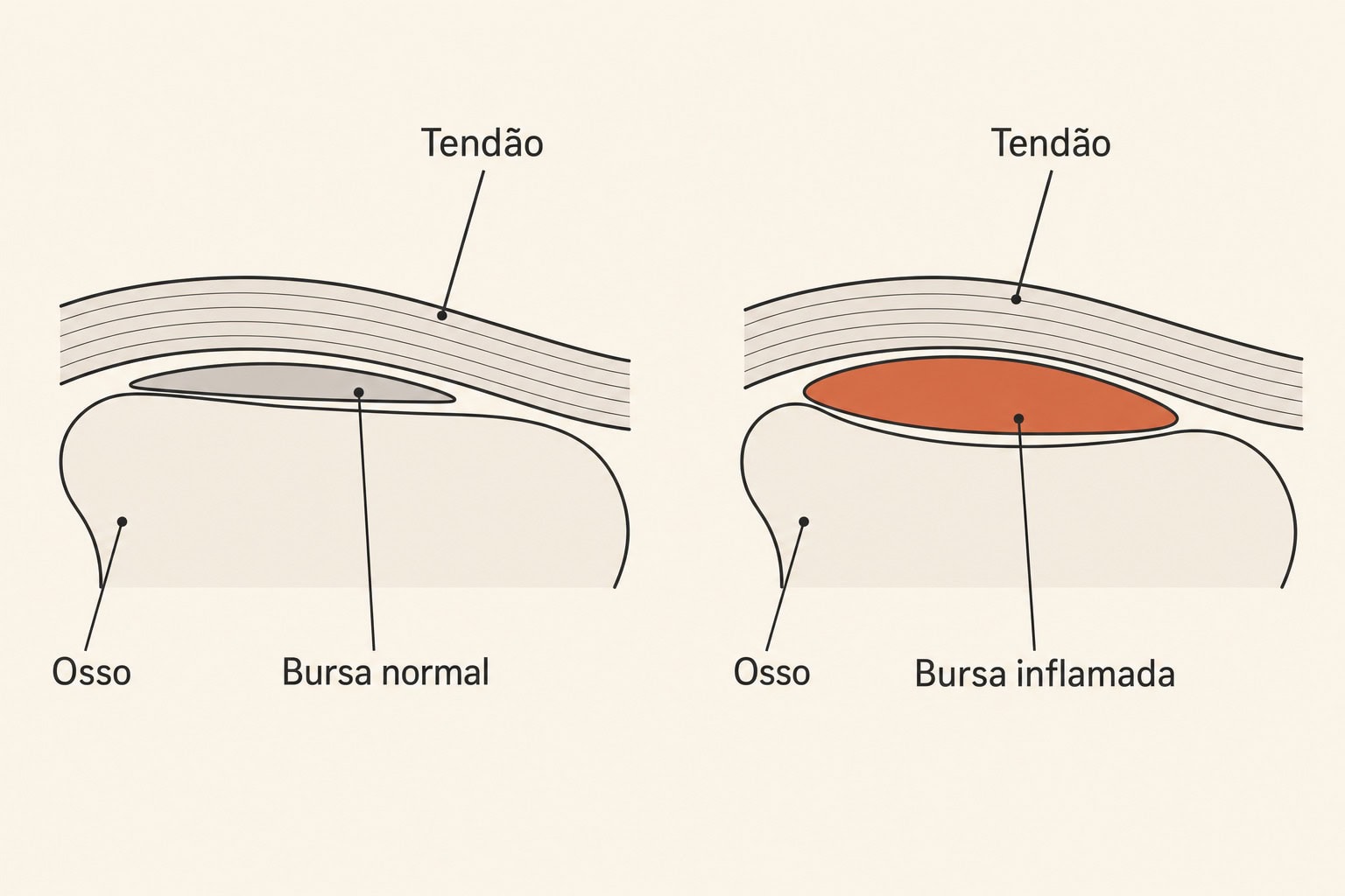 Diagrama comparando uma bursa normal e uma bursa inflamada entre o osso e o tendão