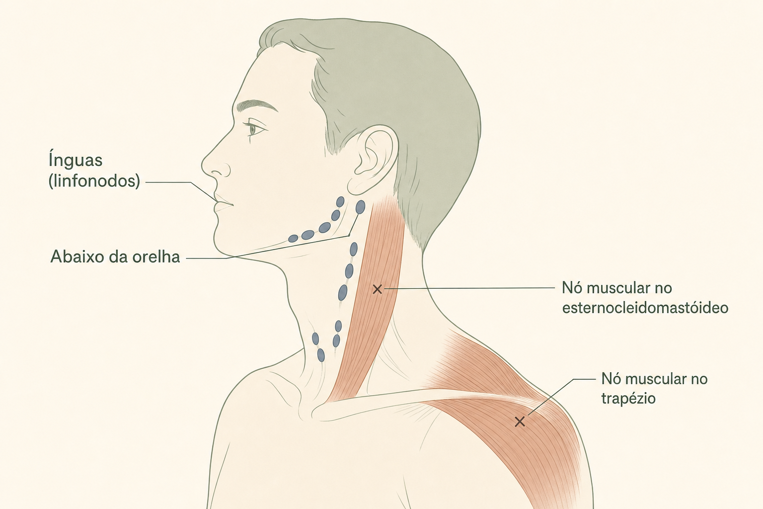 Caroço no pescoço: onde ficam as ínguas (linfonodos) e onde ficam os nós musculares do esternocleidomastóideo e do trapézio