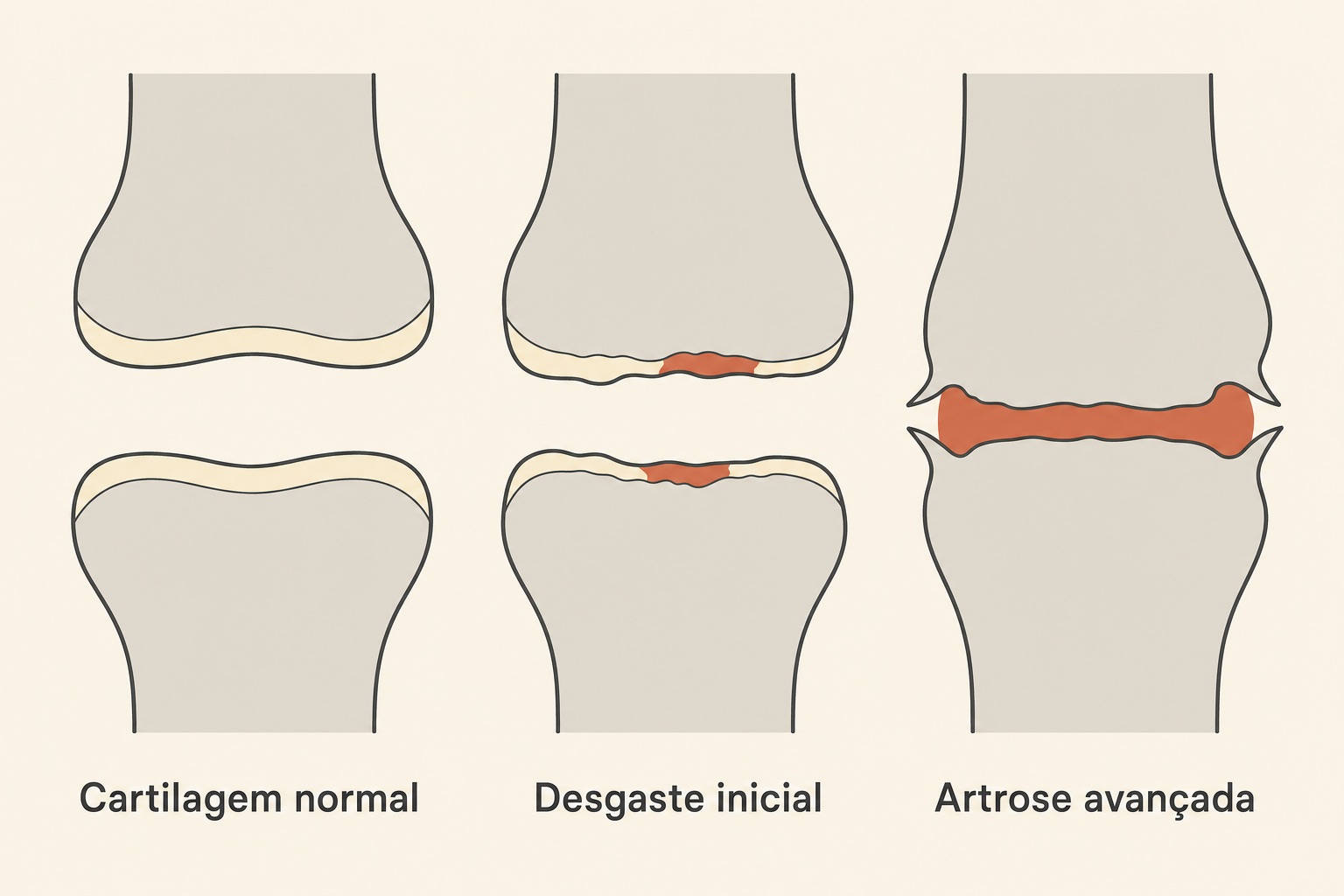 Osteoartrose (osteoartrite): Mitos e Verdades 7 Três estágios do desgaste da cartilagem de uma articulação: normal, desgaste inicial e artrose avançada