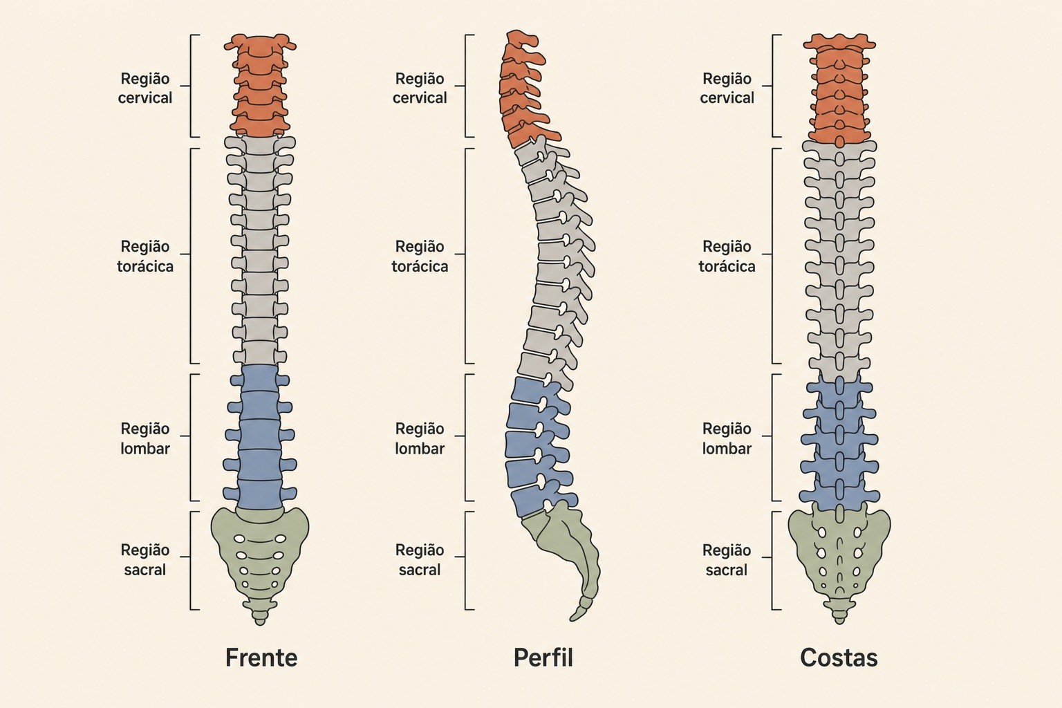Amitriptilina para Dor na Coluna 3 A coluna vertebral em três vistas — frente, perfil e costas — com as regiões destacadas em cores