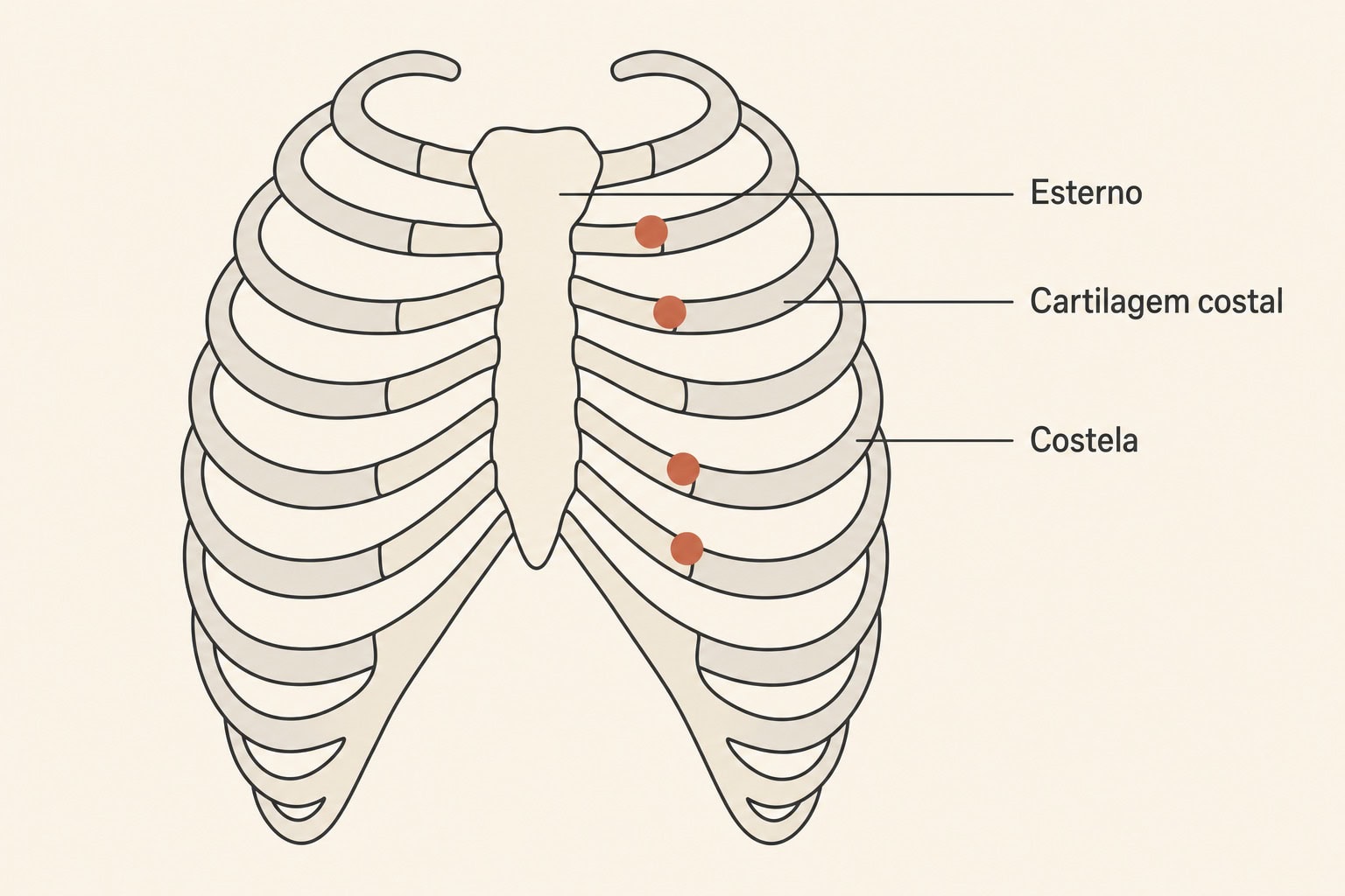 Diagrama da caixa torácica com o esterno e as cartilagens costais inflamadas em destaque