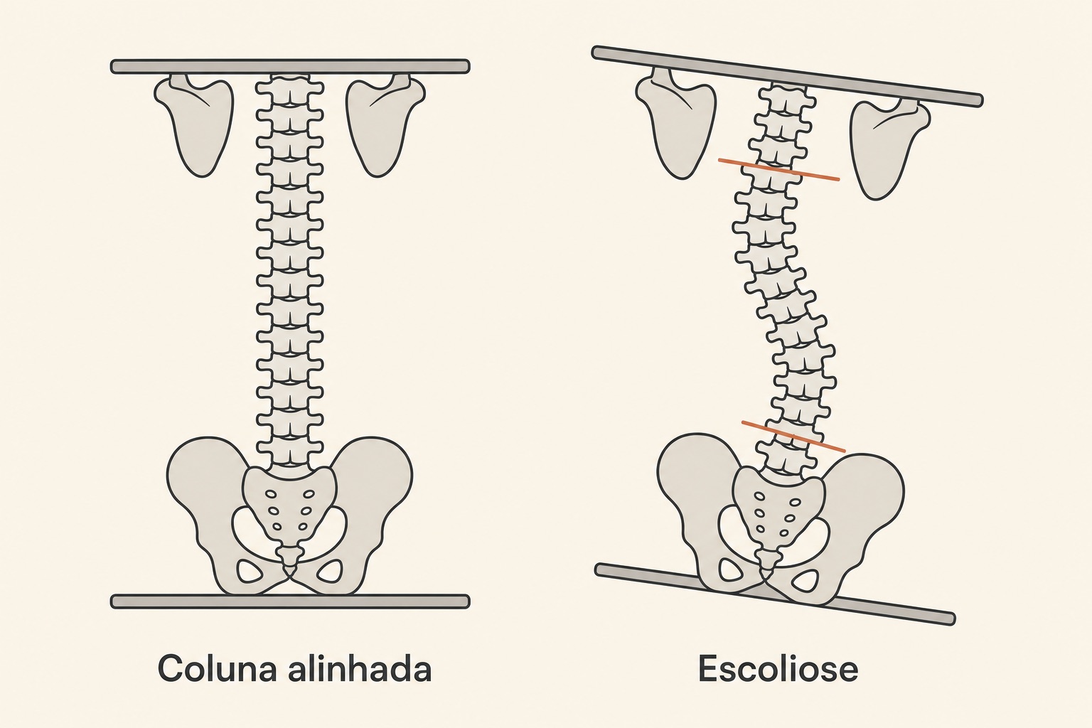Comparação entre uma coluna alinhada e uma coluna com curva lateral em S, vista por trás
