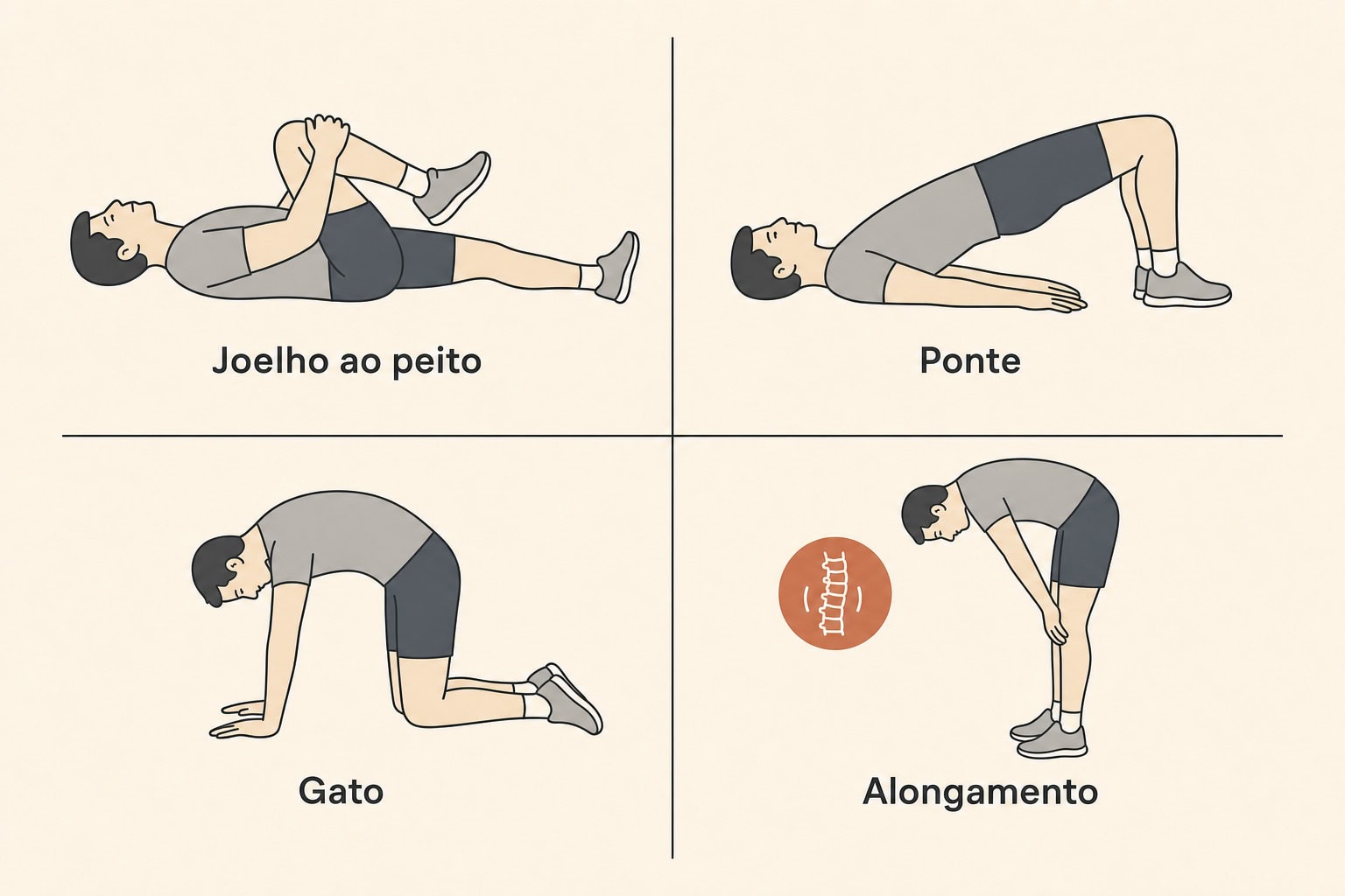 Quadro ilustrado com quatro exercícios para a região lombar: joelho ao peito, ponte, gato e alongamento