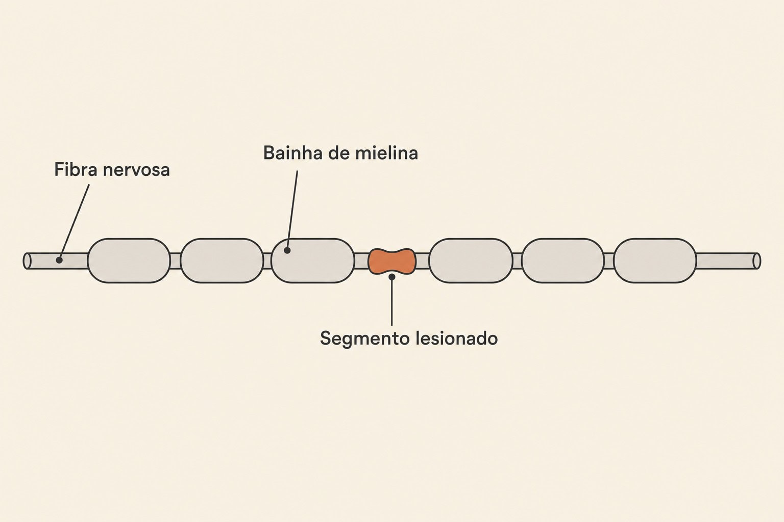 Diagrama de uma fibra nervosa com bainha de mielina e um segmento lesionado em destaque