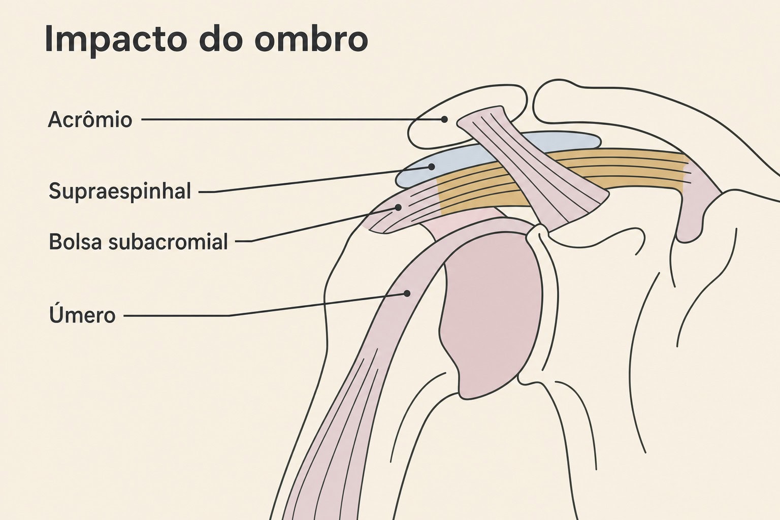 Diagrama do impacto do ombro com acrômio, supraespinhal, bolsa subacromial e úmero identificados