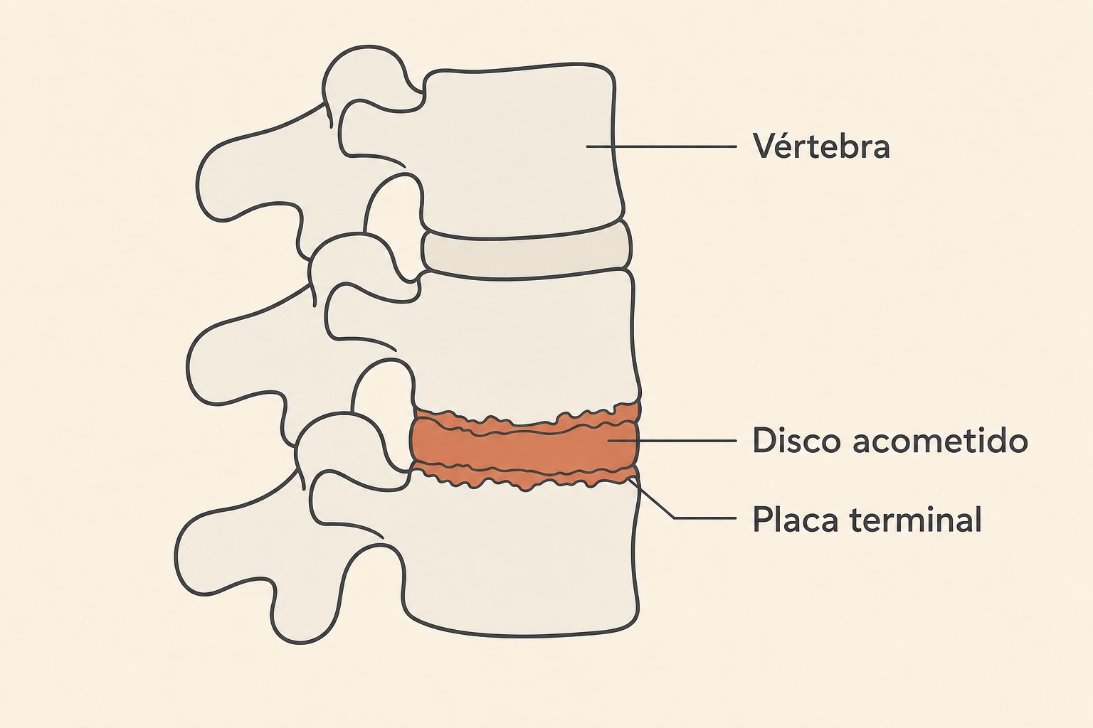 Diagrama lateral de vértebras lombares com o disco e as placas terminais acometidos por infecção