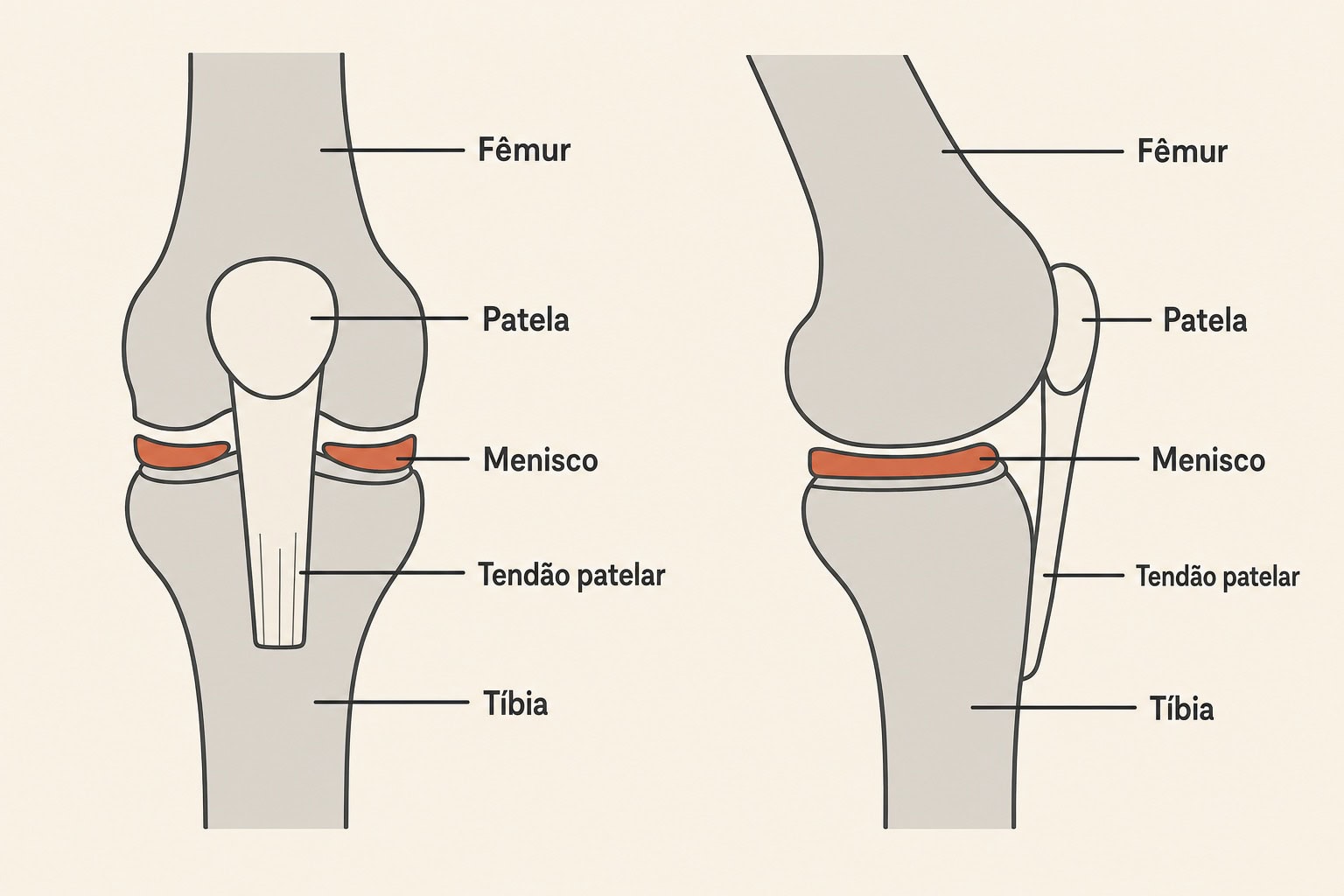 Diagrama do joelho em vista frontal e lateral com fêmur, patela, tíbia, menisco e tendão patelar