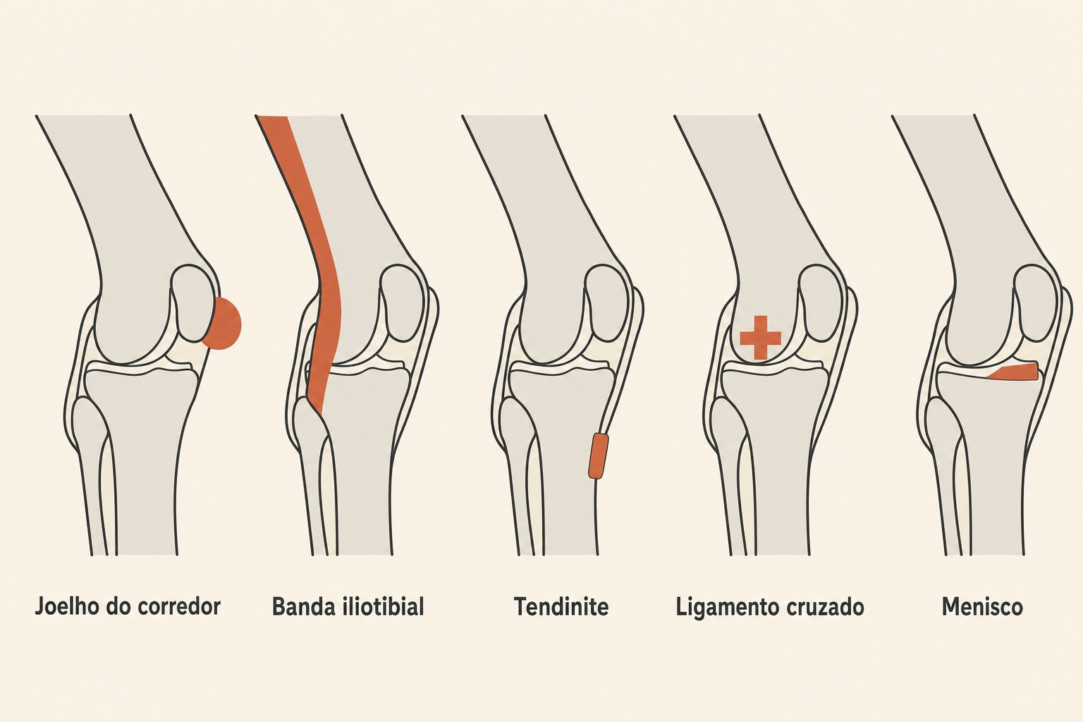 Cinco painéis comparando as regiões de dor no joelho: joelho do corredor, banda iliotibial, tendinite, ligamento cruzado e menisco