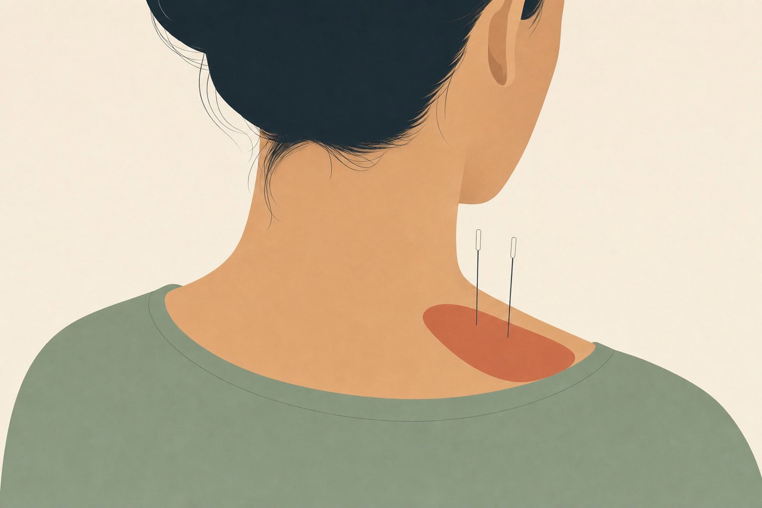 Ilustração editorial do ombro visto por trás com duas agulhas finas de acupuntura sobre o trapézio