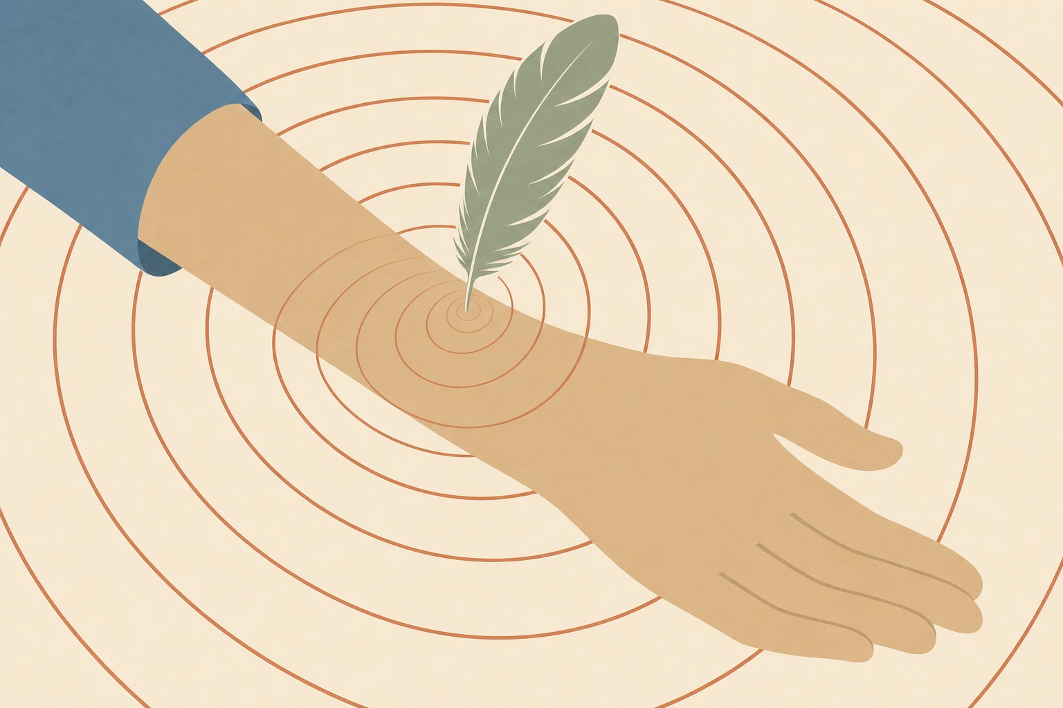 Ilustração editorial de uma pena tocando levemente o antebraço com ondas terracota, representando alodinia