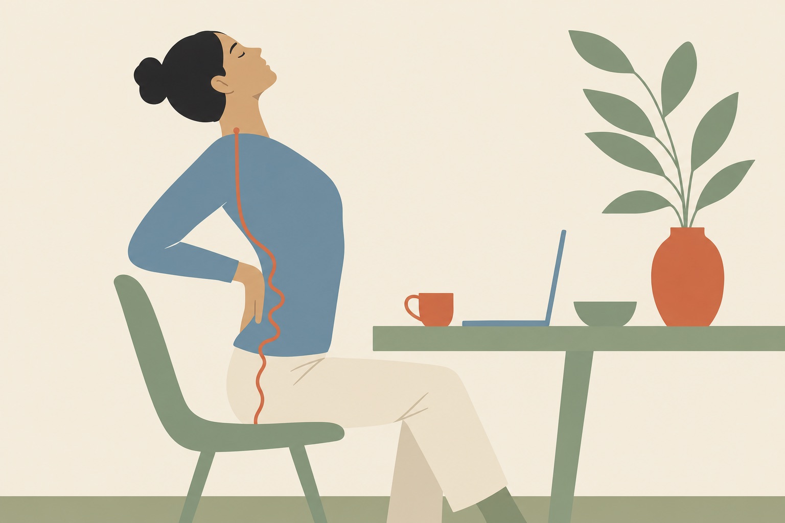 Ilustração editorial de pessoa alongando as costas na cadeira com as mãos apoiadas na lombar