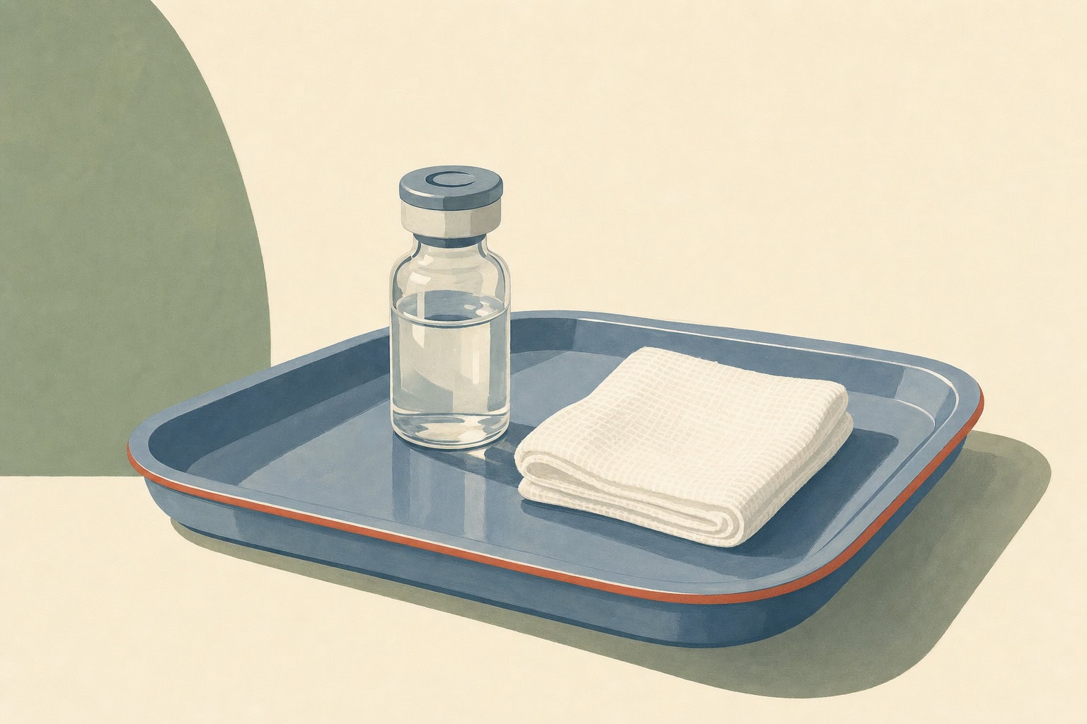 Frasco de medicamento sobre bandeja clínica com gaze, em ilustração editorial