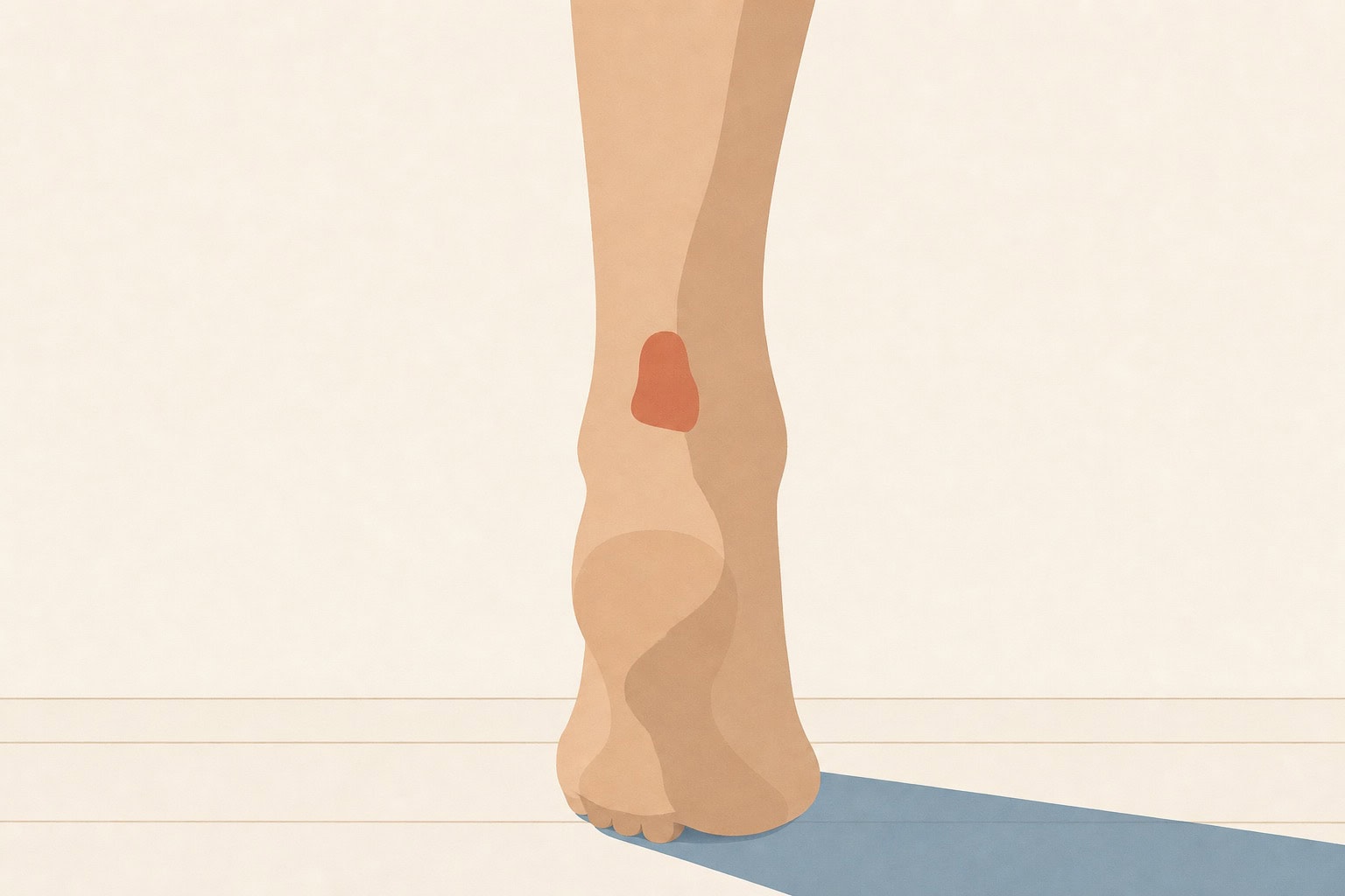 Ilustração editorial de um pé na ponta visto por trás com destaque terracota no calcanhar