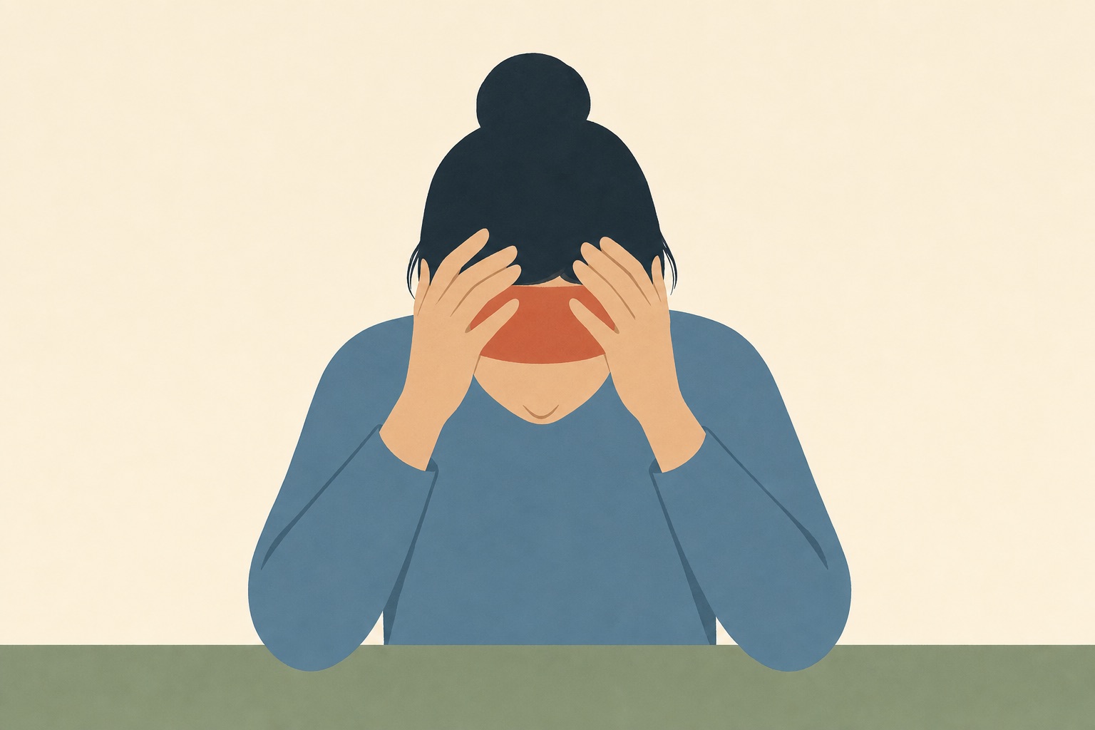 Ilustração editorial de pessoa sentada à mesa com a cabeça apoiada nas mãos e traços em terracota nas têmporas
