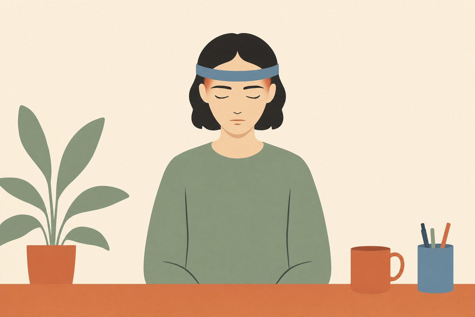 Ilustração editorial de pessoa à mesa com uma faixa apertando a testa, representando cefaleia tensional