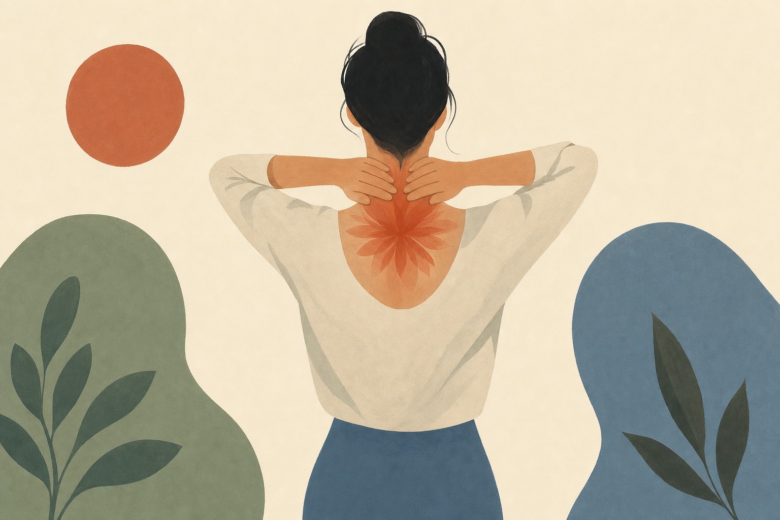 Ilustração editorial de pessoa de costas com as mãos na nuca e mancha terracota na região cervical