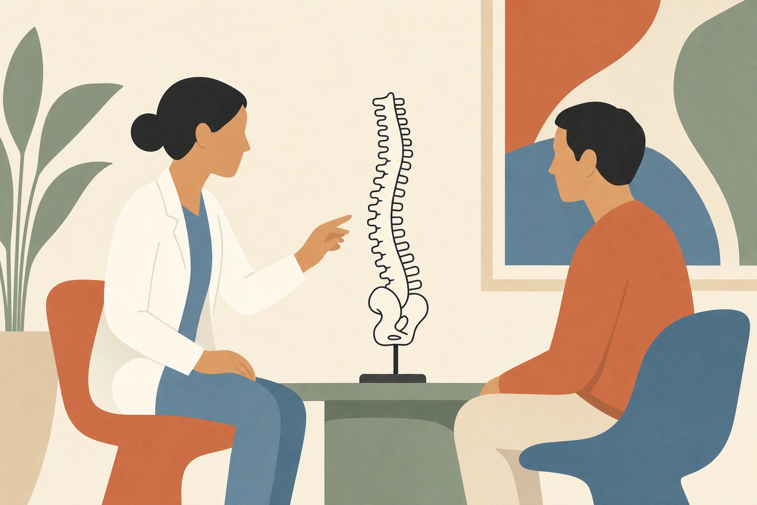 Ilustração editorial de consulta sobre a coluna, com médico, paciente e um modelo de coluna sobre a mesa