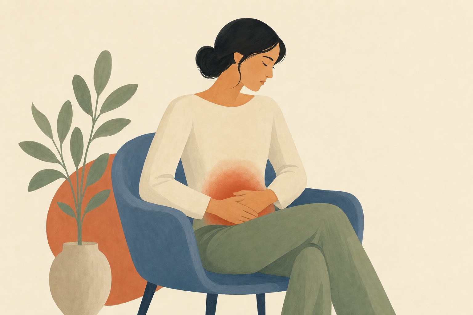 Ilustração editorial de pessoa sentada com as mãos sobre o baixo ventre, representando dor pélvica