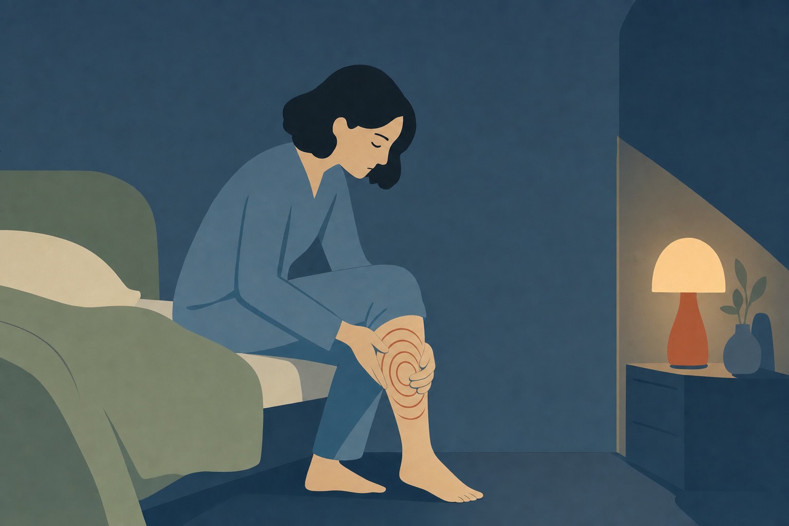 Ilustração editorial noturna de pessoa sentada na cama segurando a panturrilha dolorida