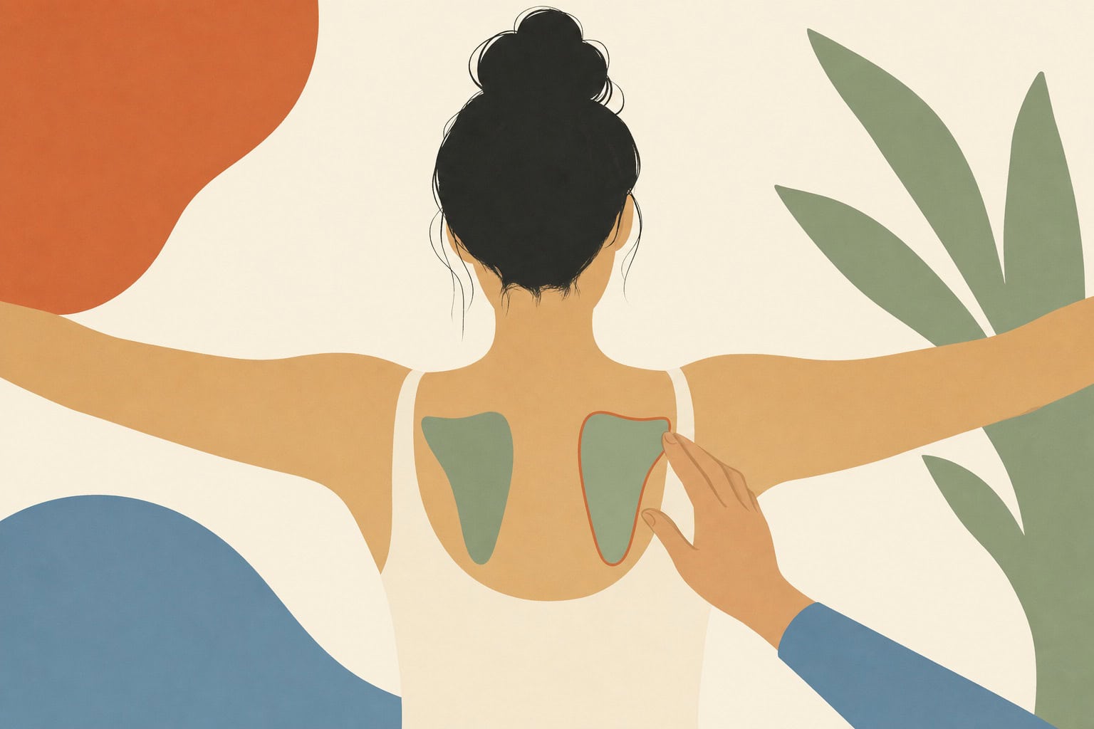 Ilustração editorial de pessoa de costas com os braços elevados e destaque no movimento da escápula
