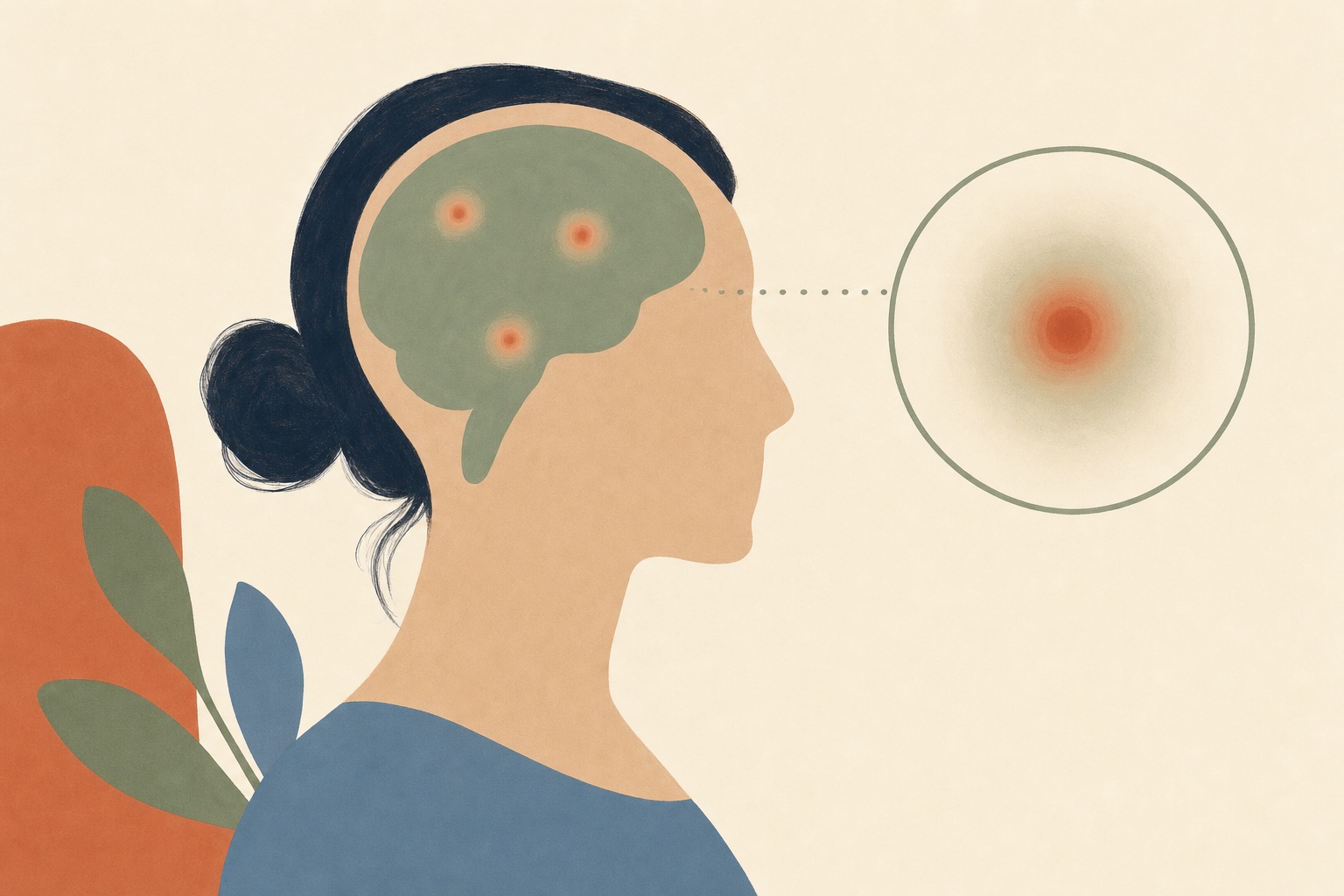 Fibromialgia melhora? 10 Ilustração editorial de perfil com o cérebro destacado e pontos de atividade, representando a pesquisa em fibromialgia