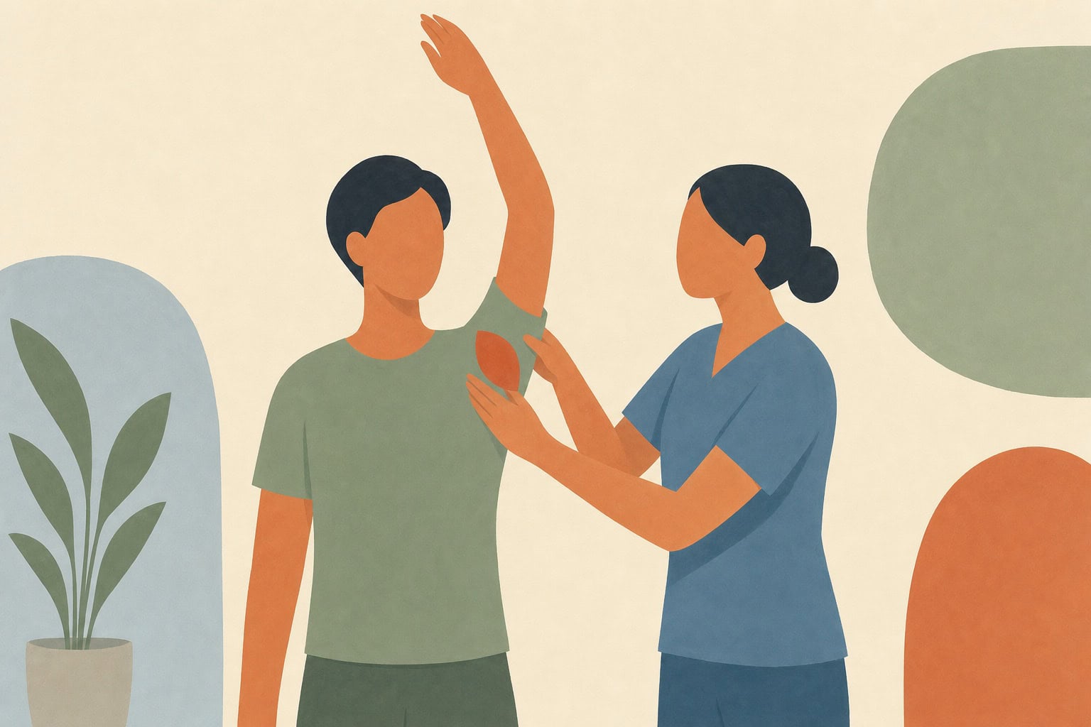 Ilustração editorial de fisioterapeuta orientando o movimento do braço de um paciente