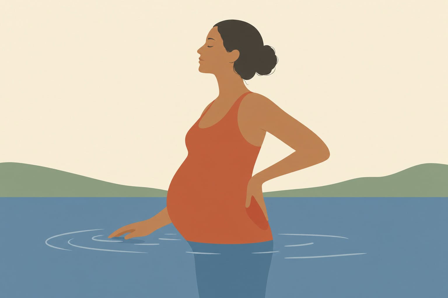 Ilustração editorial de gestante em pé dentro da água com a mão apoiada na região lombar
