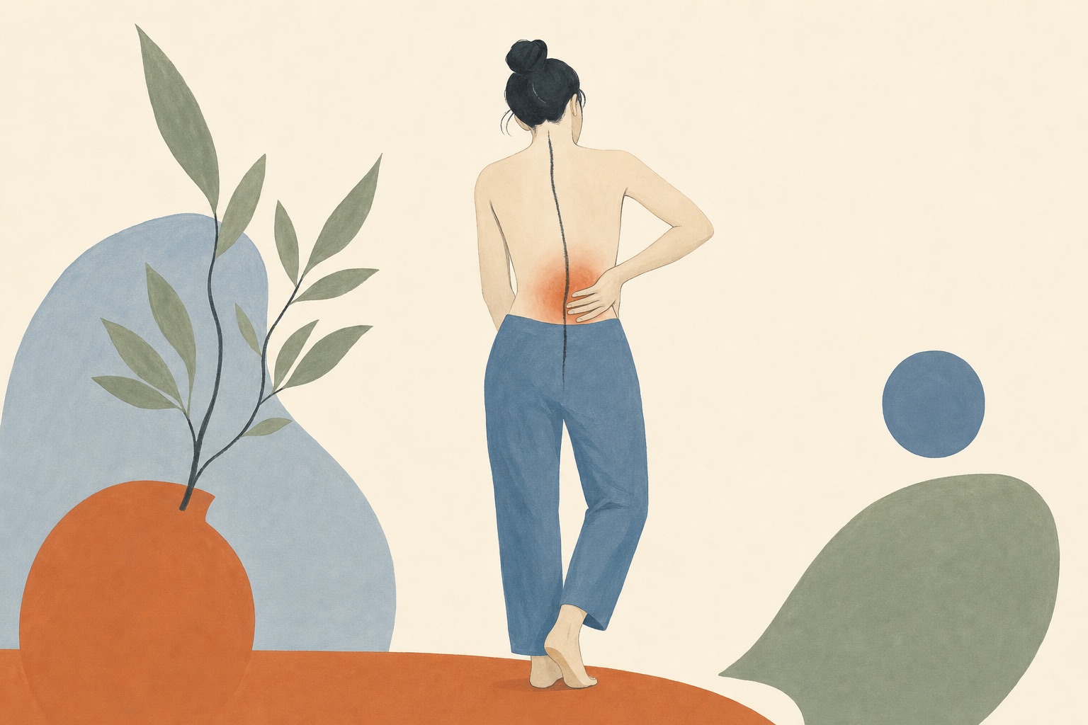 Dor nas costas: o que é dor lombar ou lombalgia? 1 Ilustração editorial de pessoa de costas com a mão na região lombar e mancha terracota indicando dor