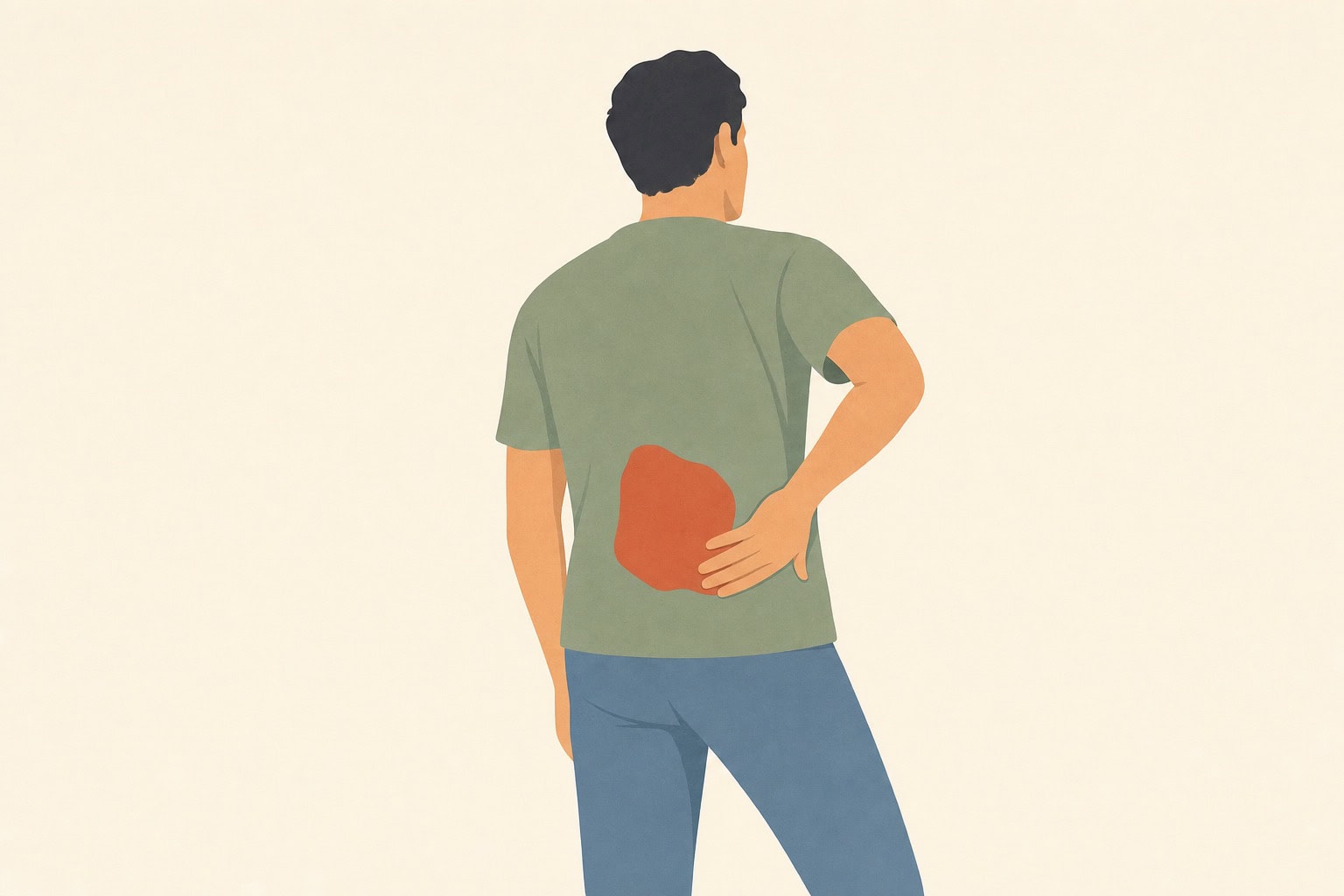 Ilustração editorial de pessoa de costas com a mão apoiada na região lombar