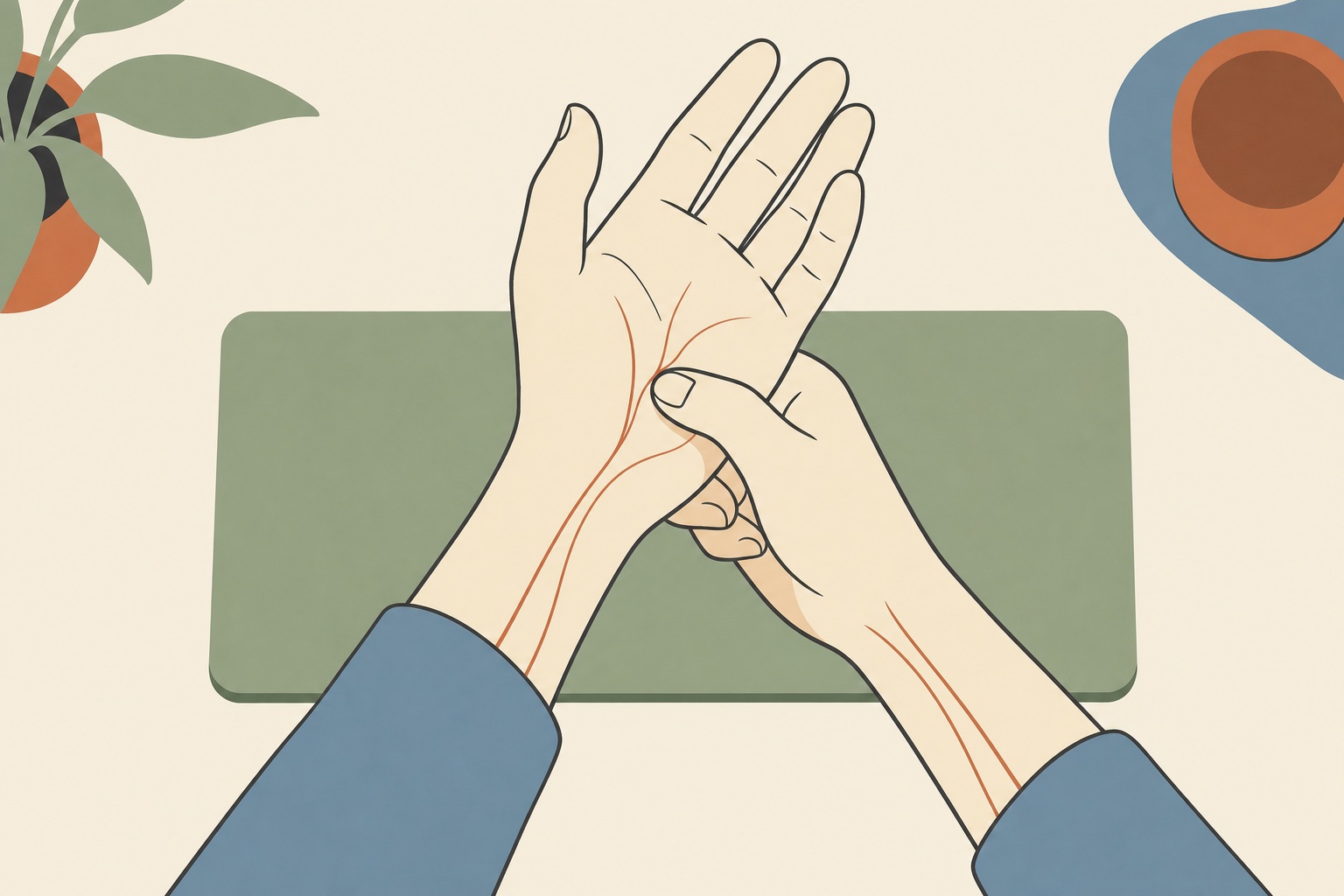 Ilustração editorial de duas mãos sobre um teclado, uma massageando a palma da outra