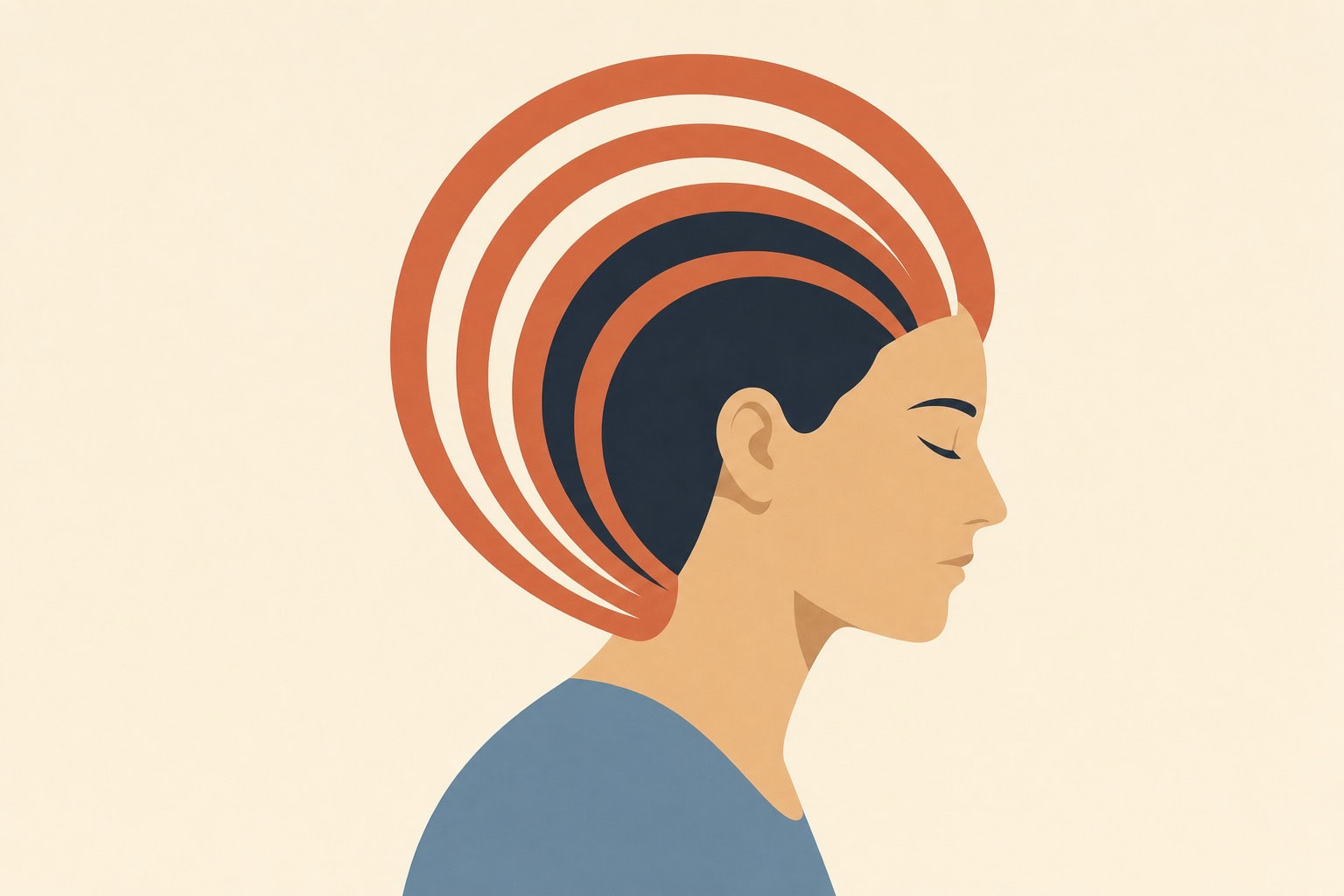 Ilustração editorial de cabeça de perfil com arcos em terracota subindo da nuca até o topo da cabeça