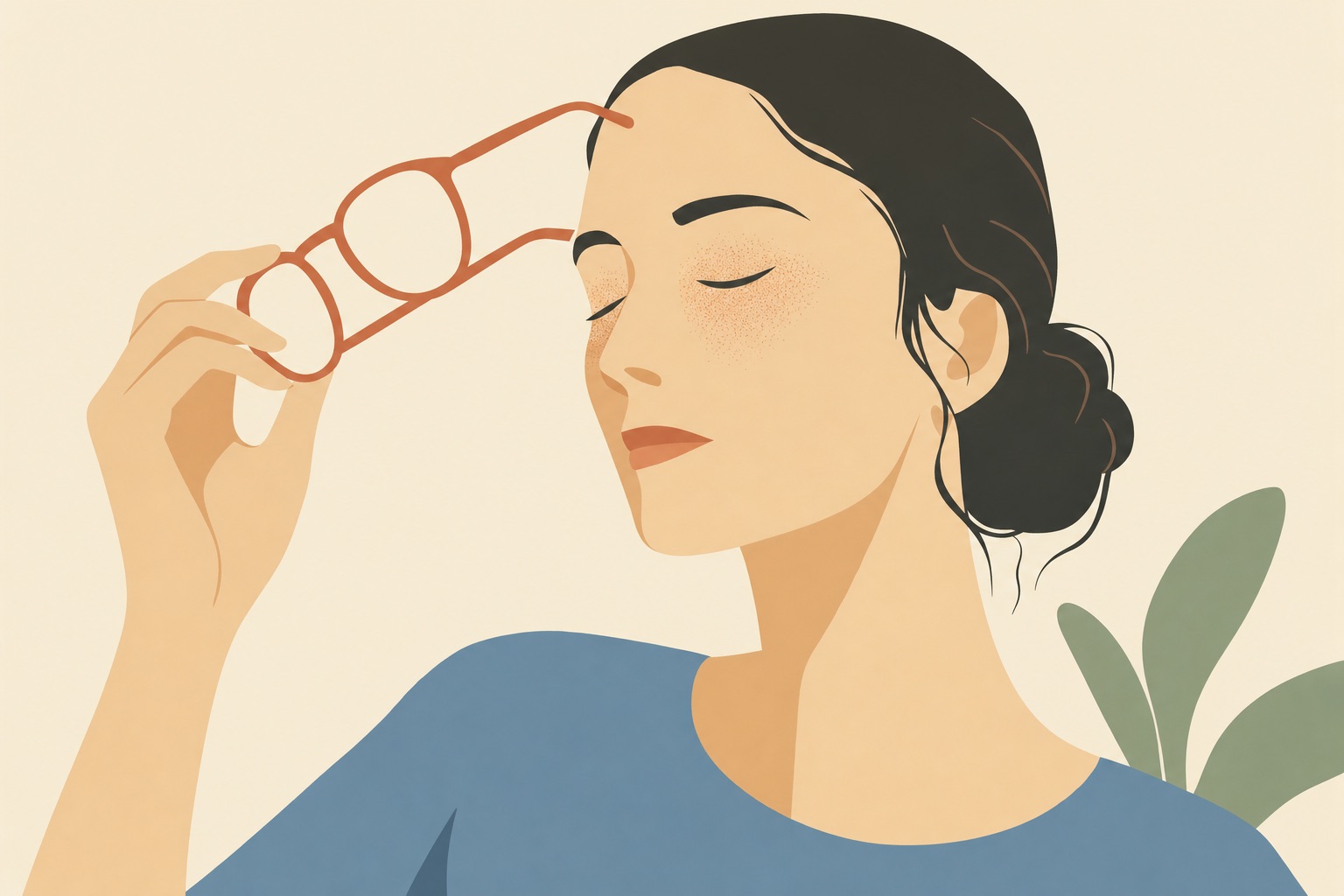 Ilustração editorial de rosto com olhos fechados retirando os óculos, com pontilhado terracota ao redor dos olhos
