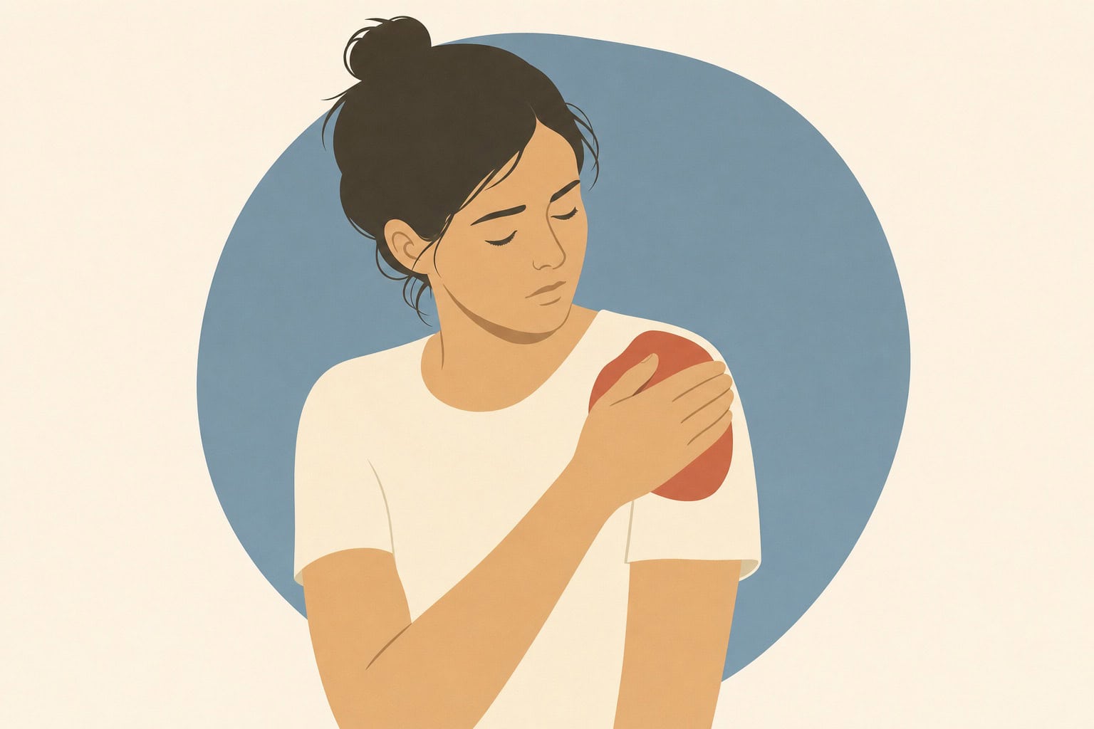Ilustração editorial de pessoa segurando o ombro oposto com a mão, destaque terracota na articulação