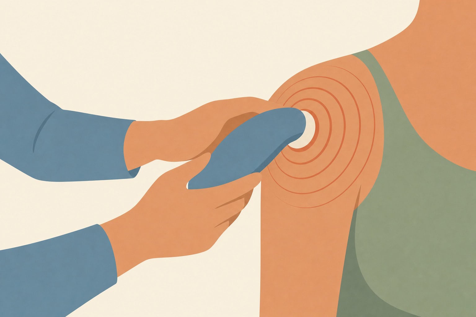 Ilustração editorial do tratamento por ondas de choque no ombro, com ondas concêntricas em terracota