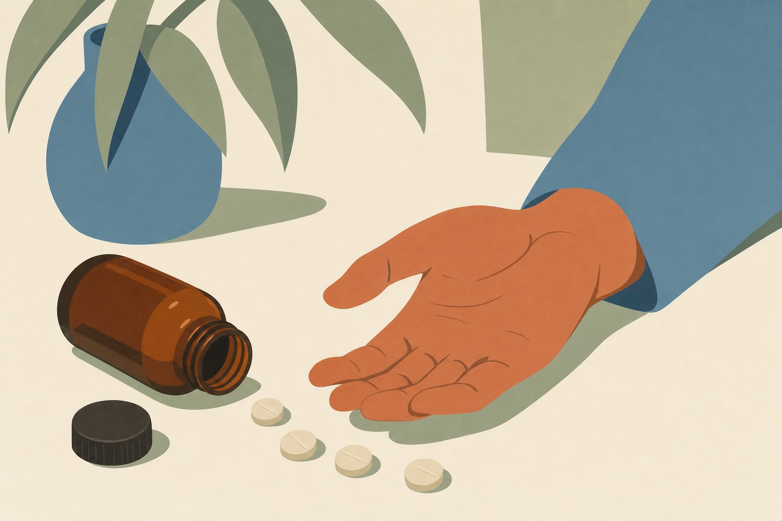 Natureza-morta editorial com frasco de medicamento deitado, comprimidos e uma mão aberta