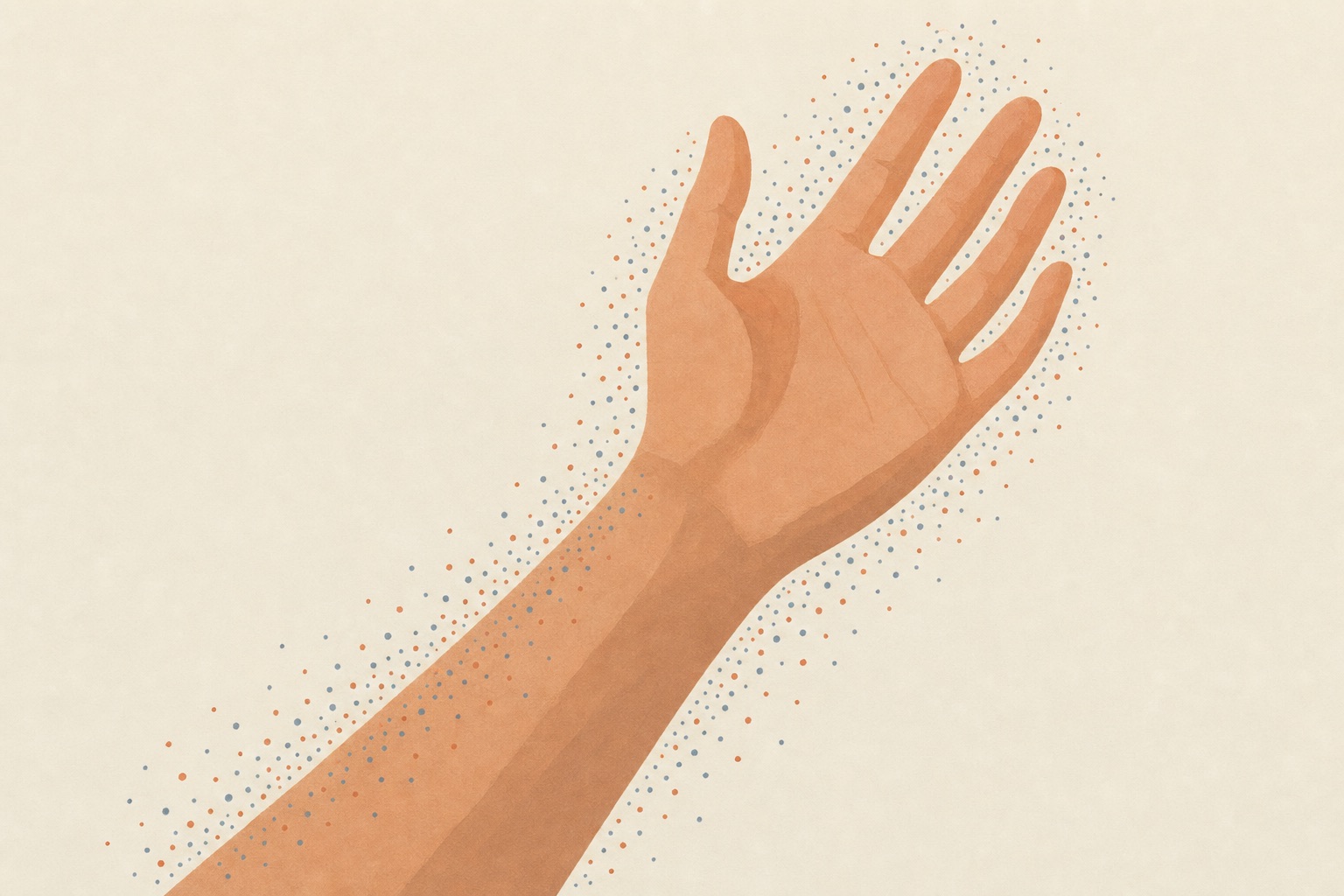Tratamento de dor crônica: O que você precisa saber 7 Ilustração editorial de antebraço e mão com pontilhado fino representando formigamento e parestesia