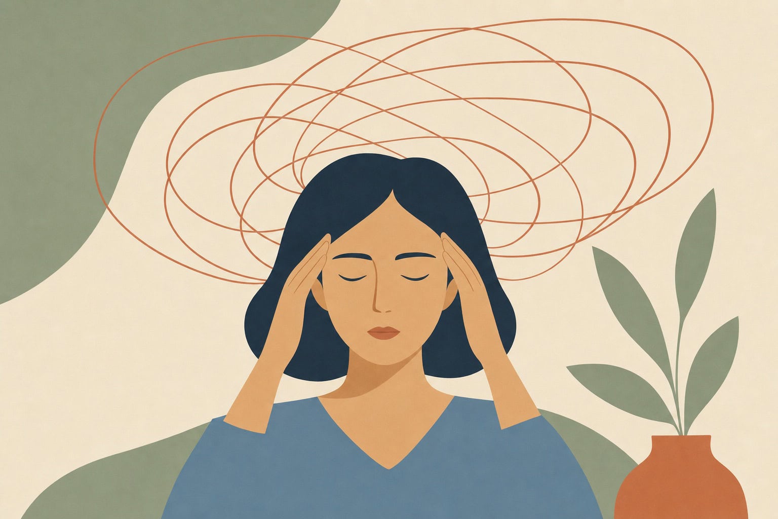 Ilustração editorial de mulher de olhos fechados com as mãos nas têmporas e ondas em terracota ao redor da cabeça