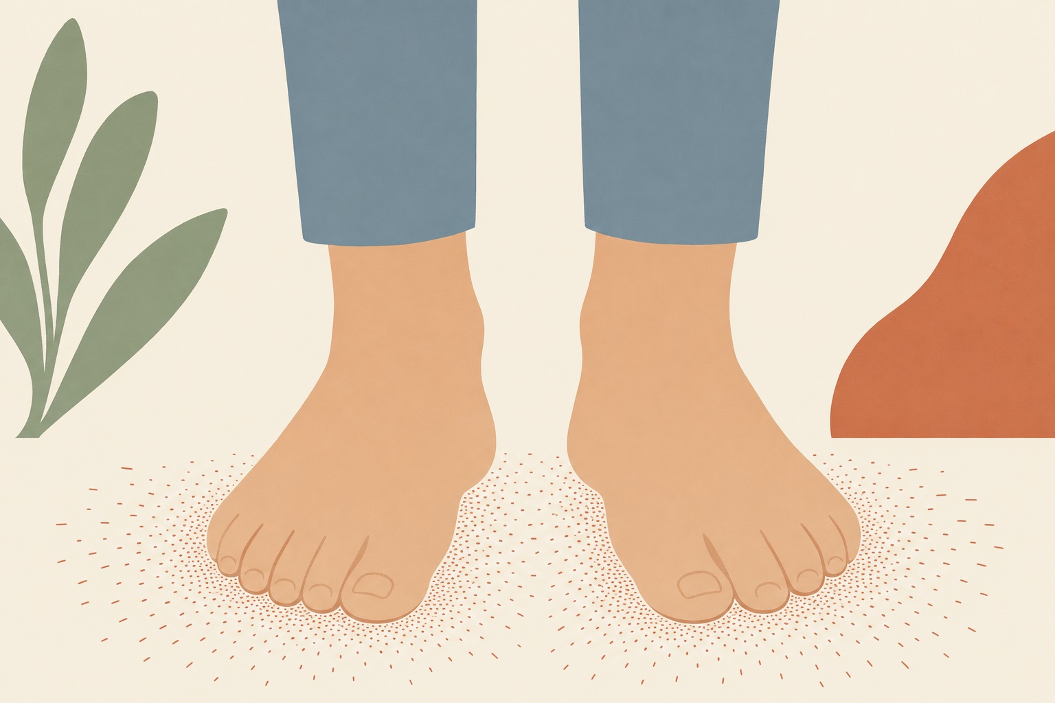 Ilustração editorial de dois pés descalços com pontilhado terracota ao redor das solas, representando formigamento