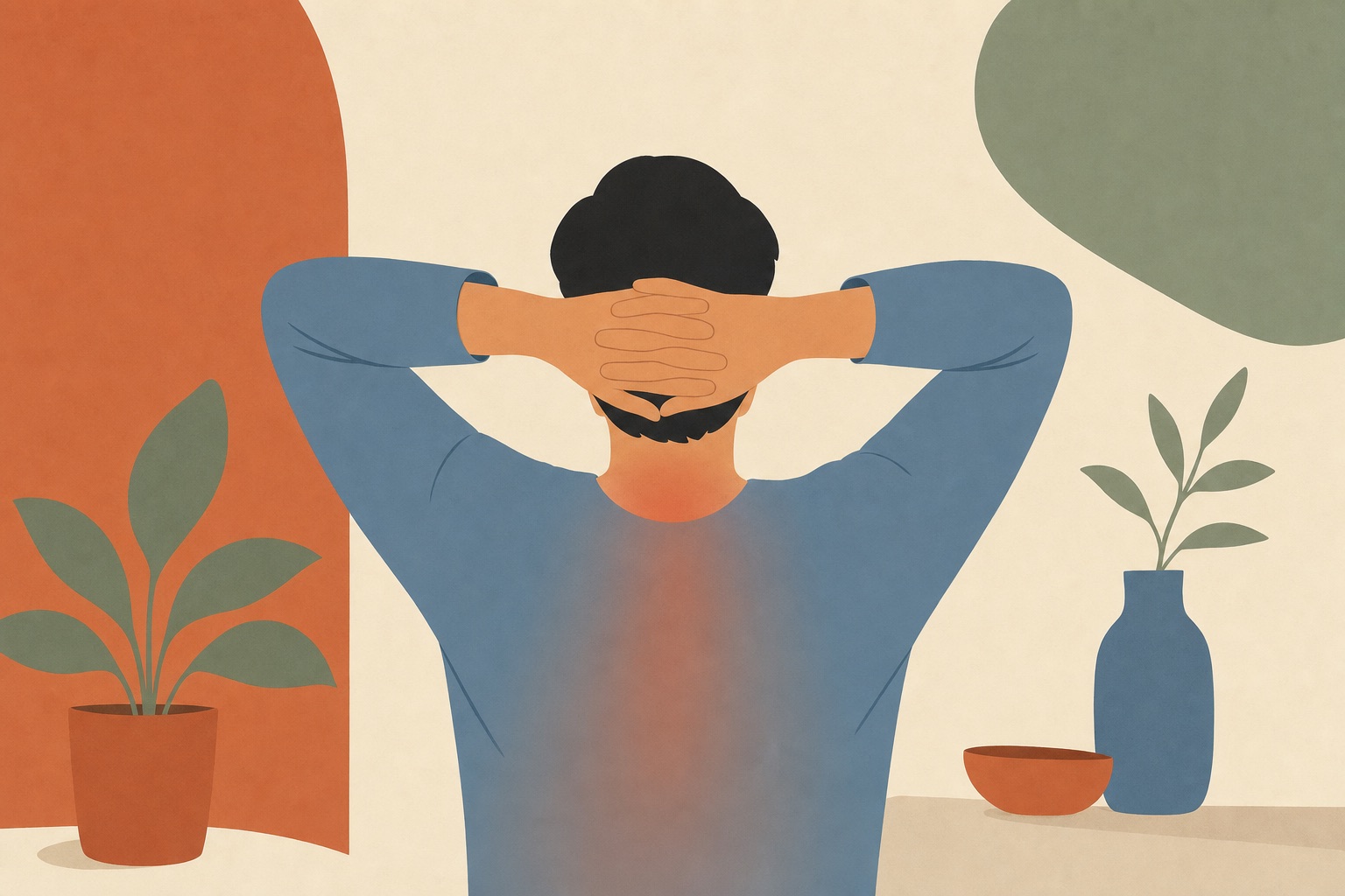 Ilustração editorial de pessoa de costas com as mãos atrás da cabeça e um degradê terracota descendo pelas costas