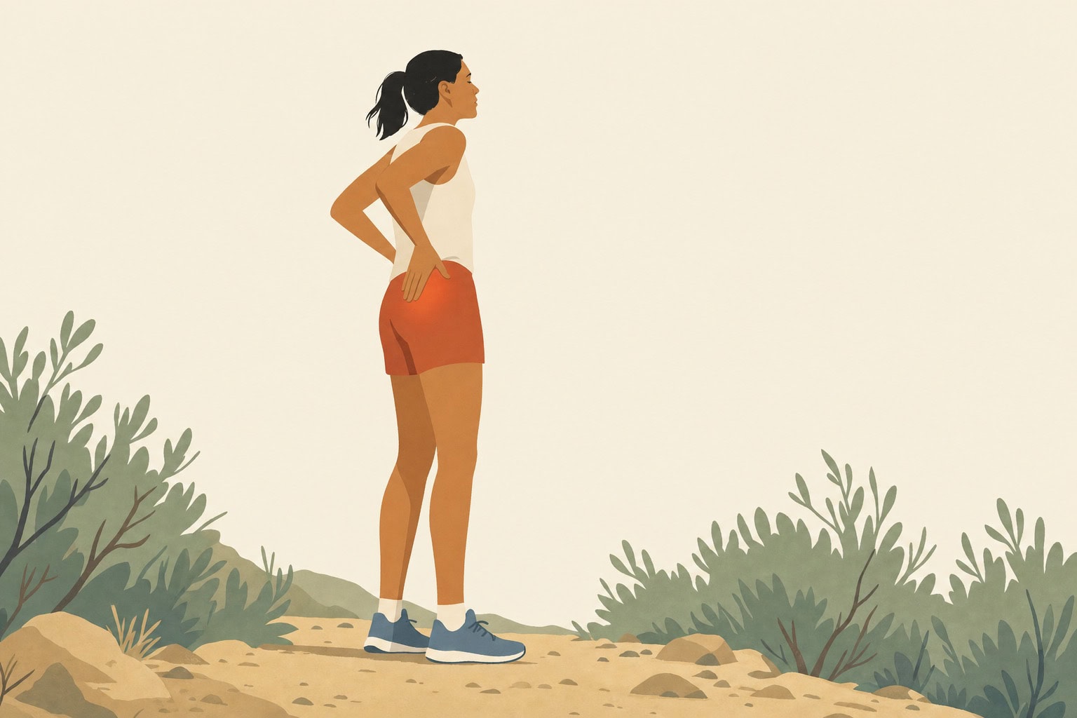 Ilustração editorial de corredora parada na trilha com a mão na lateral do quadril