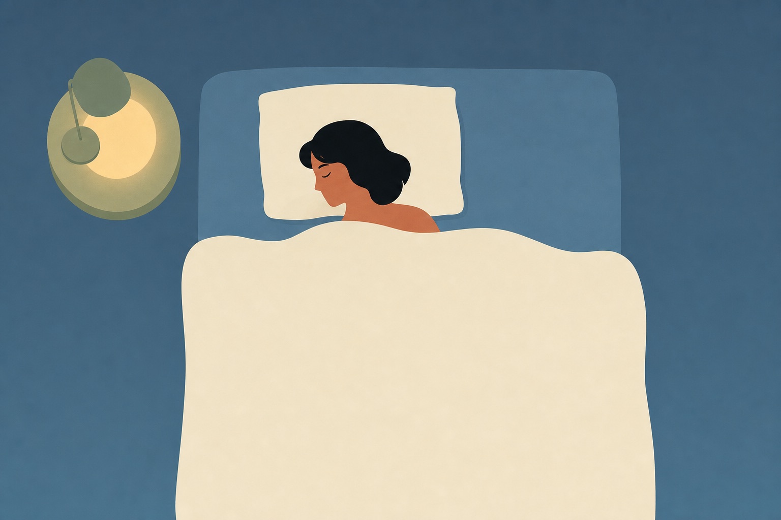 Ilustração editorial noturna vista de cima de uma pessoa dormindo sob um cobertor, com abajur aceso