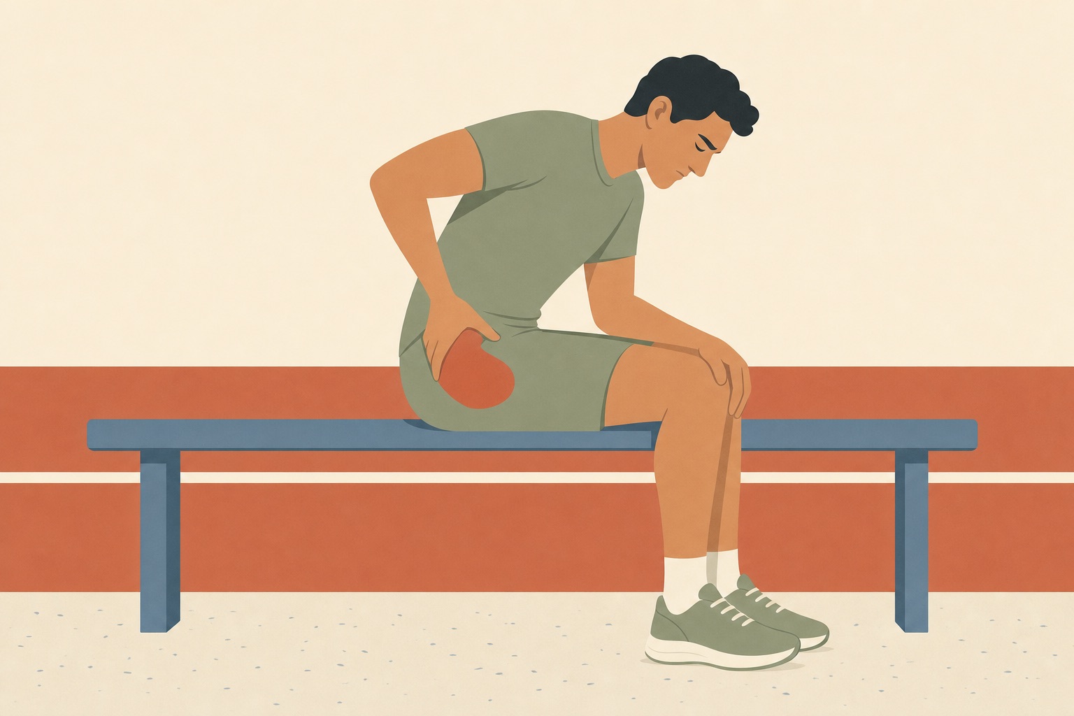 Ilustração editorial de atleta sentado à beira da pista com a mão na dobra da virilha
