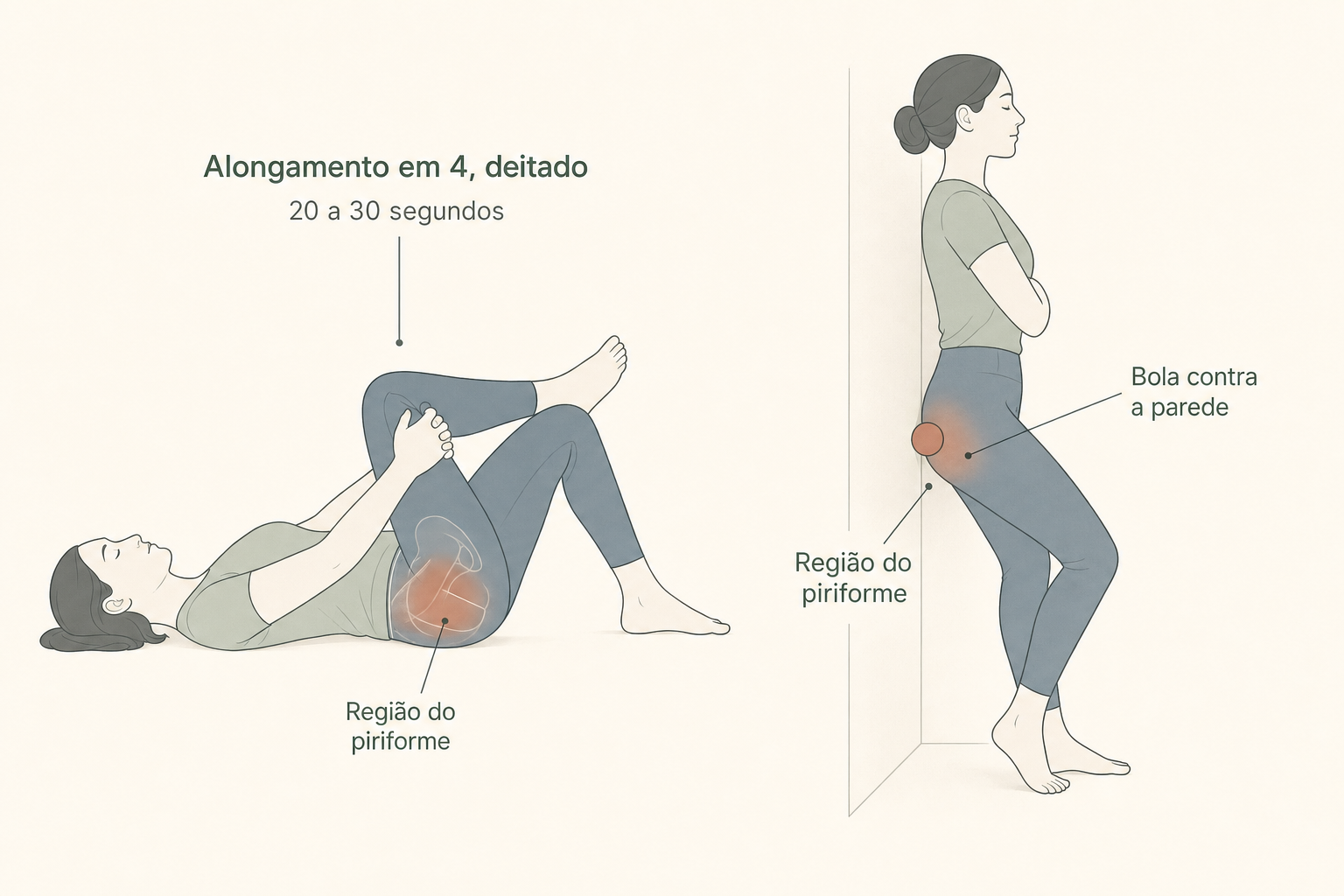 Como liberar o músculo piriforme em casa: alongamento em 4 deitado e liberação com bola contra a parede na região do glúteo.