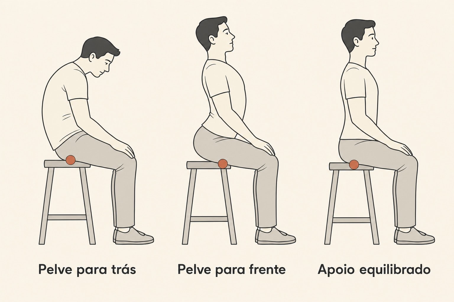 Três posturas sentadas comparando a inclinação da pelve e o apoio equilibrado
