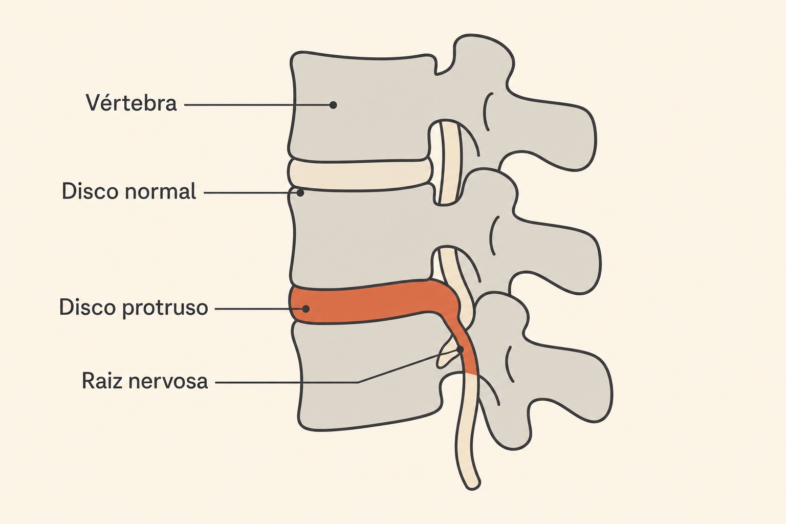 Diagrama lateral de três vértebras lombares com um disco protruso comprimindo a raiz nervosa