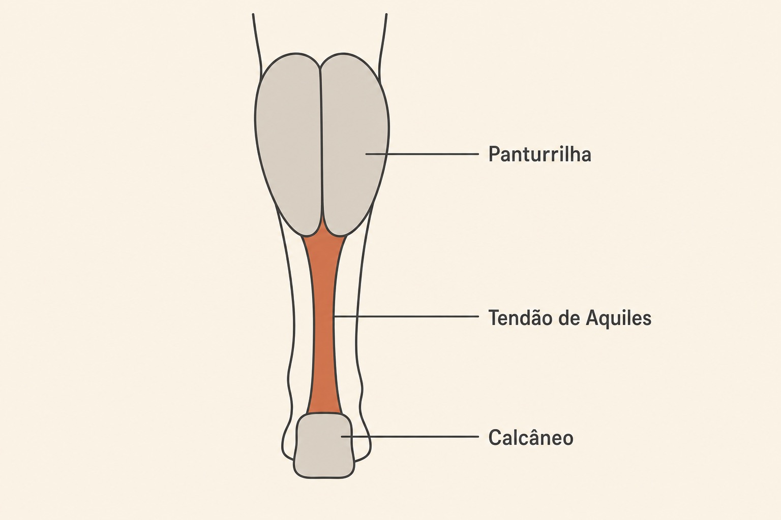Tendinite de Aquiles: causas e tratamento 1 Diagrama da perna vista por trás com a panturrilha, o tendão de Aquiles e o calcâneo identificados