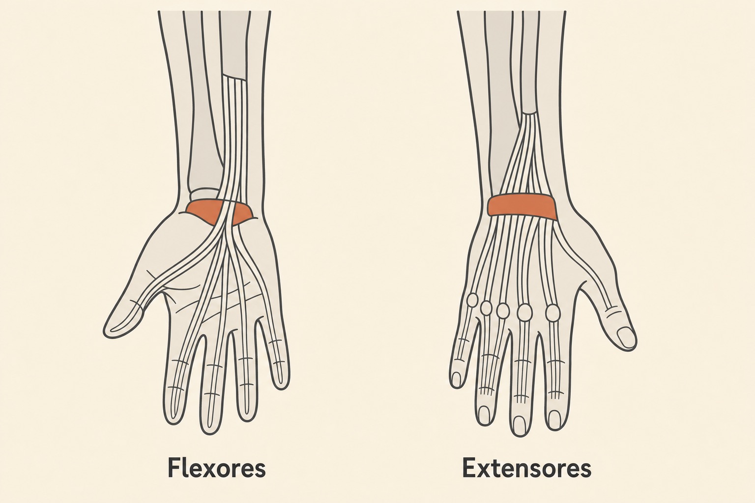 Dois painéis comparando os tendões flexores e extensores que cruzam o punho