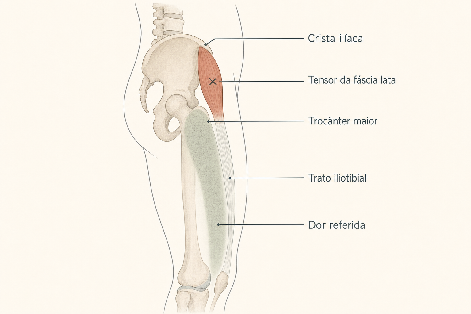 Músculo tensor da fáscia lata e trato iliotibial com ponto-gatilho e dor referida na lateral do quadril e da coxa