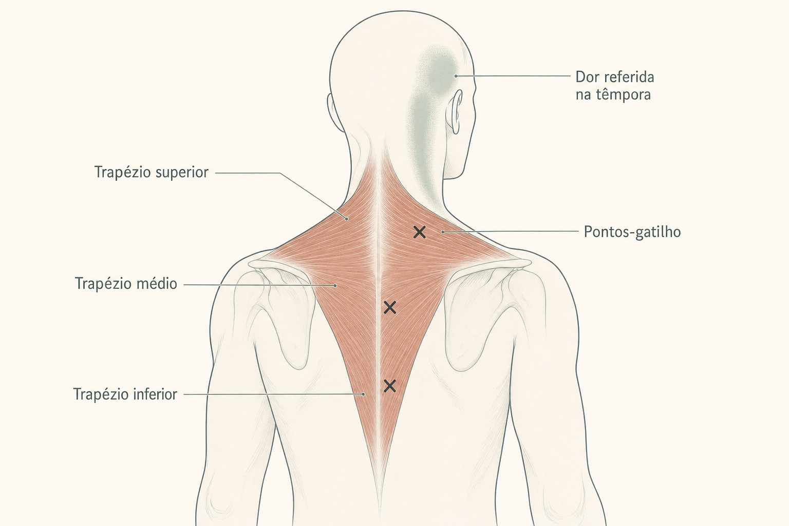Músculo trapézio em vista posterior: porções superior, média e inferior, com pontos-gatilho (X) e dor referida subindo pelo pescoço até a têmpora.