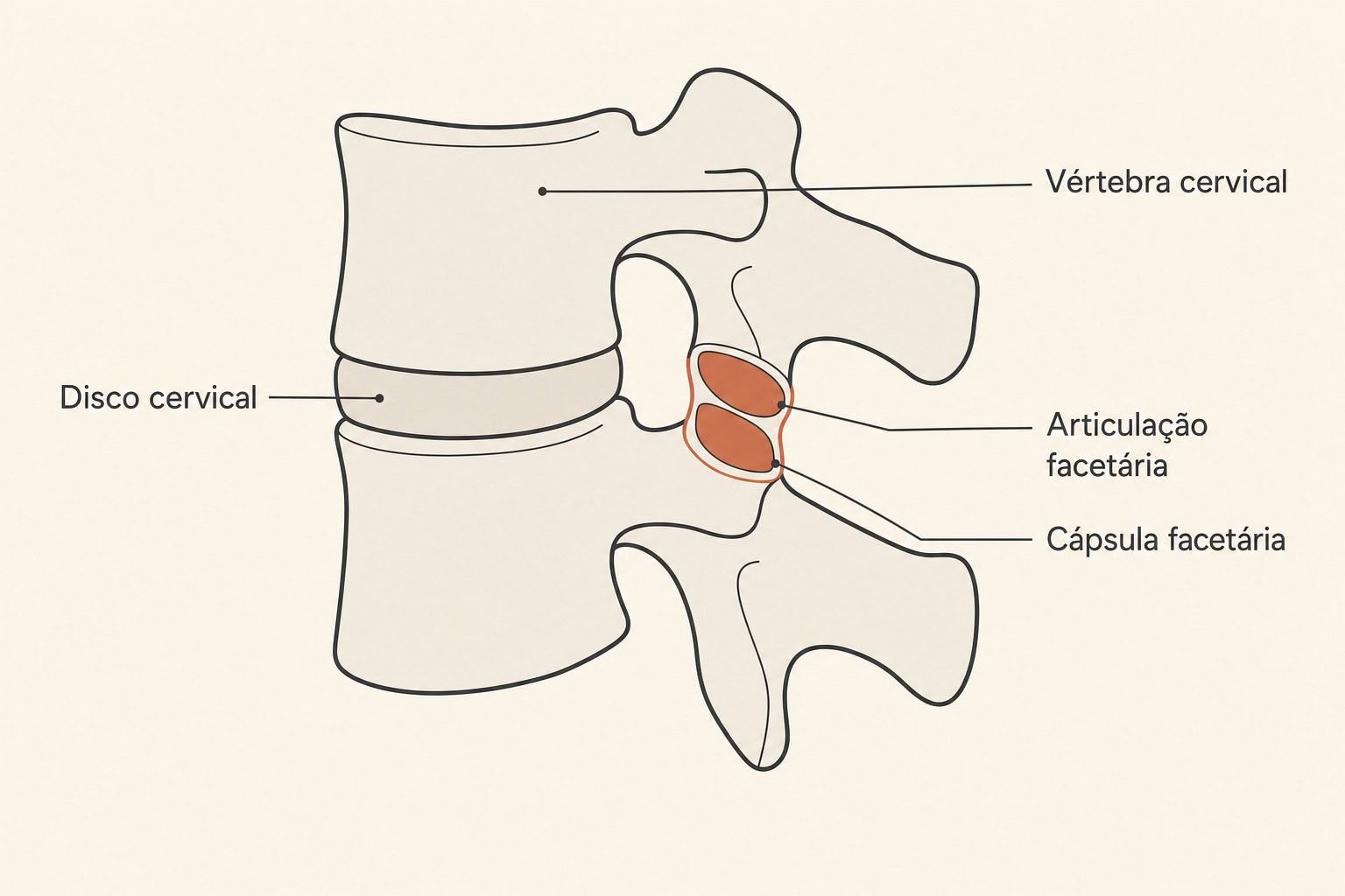 Diagrama de duas vértebras cervicais com disco, articulação facetária e cápsula identificados